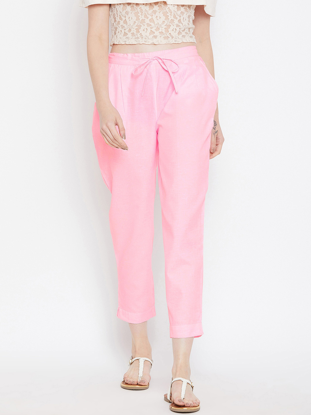 Bitterlime Women Pink Relaxed Pleated Peg Trousers