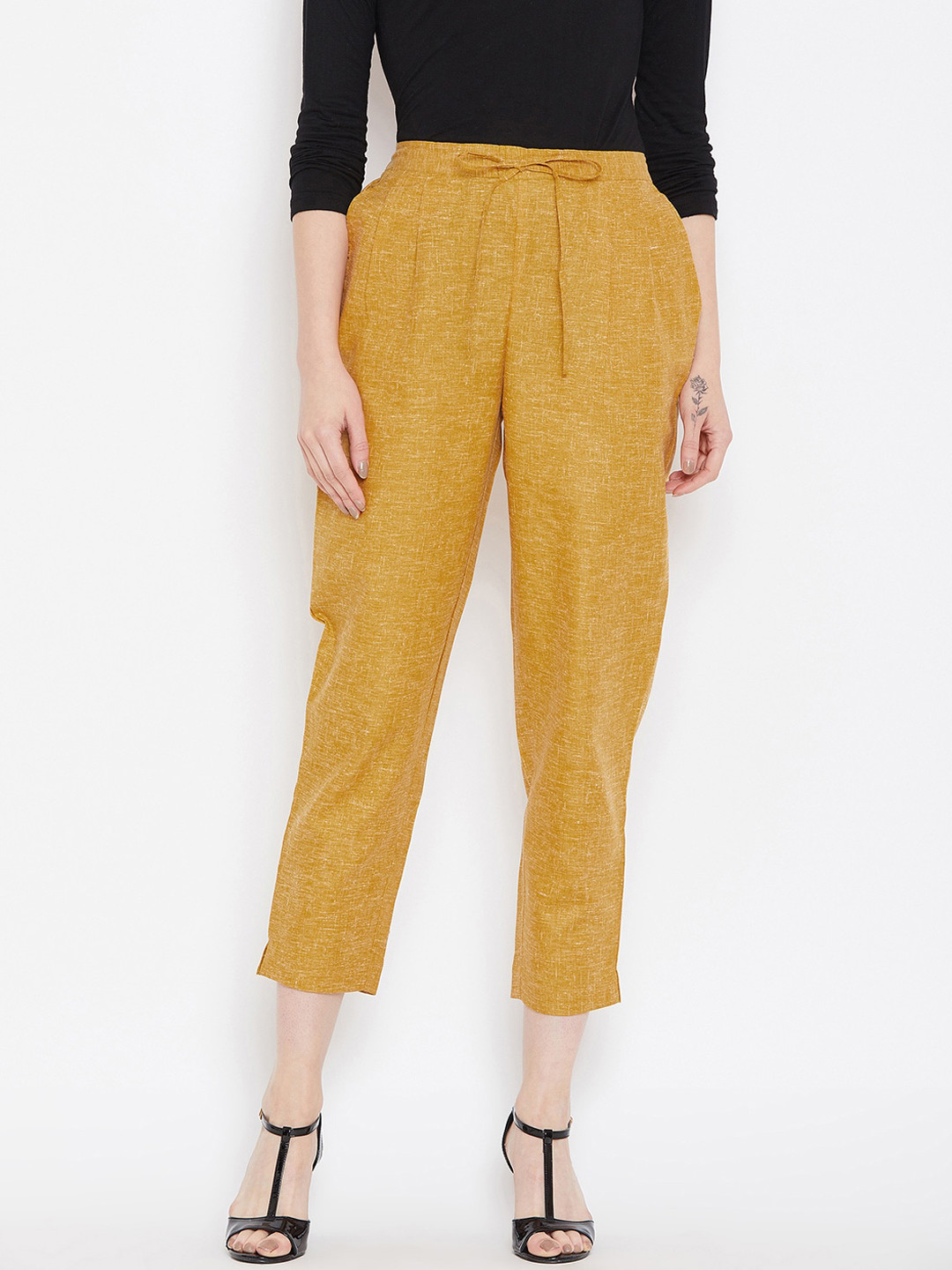 Bitterlime Women Mustard Yellow Textured Relaxed Trousers