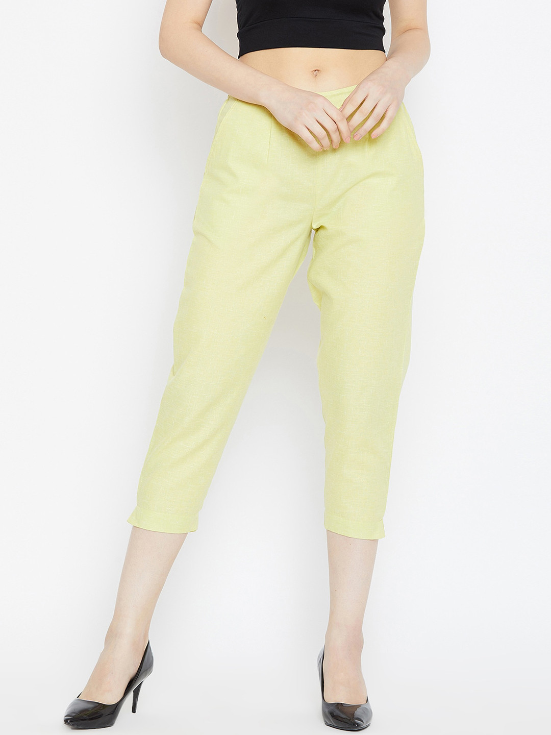 Bitterlime Women Lime Green Textured Relaxed Cigerette Trousers