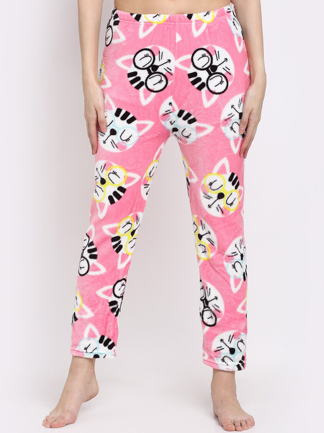 NEUDIS Women Pink & White Printed Slim Fleece Lounge Pants
