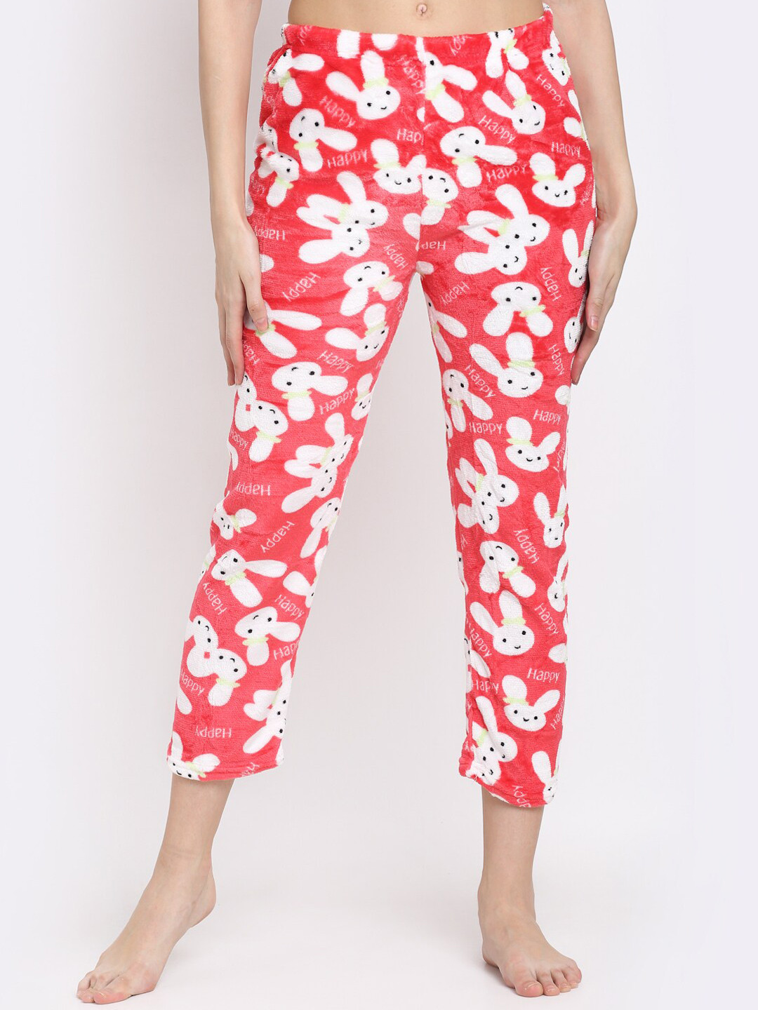 NEUDIS Women Red & White Printed Fleece Lounge Pants