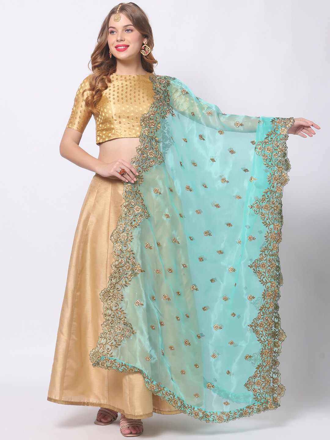 Dupatta Bazaar Sea Green & Gold-Toned Embroidered Organza Dupatta with Zardozi