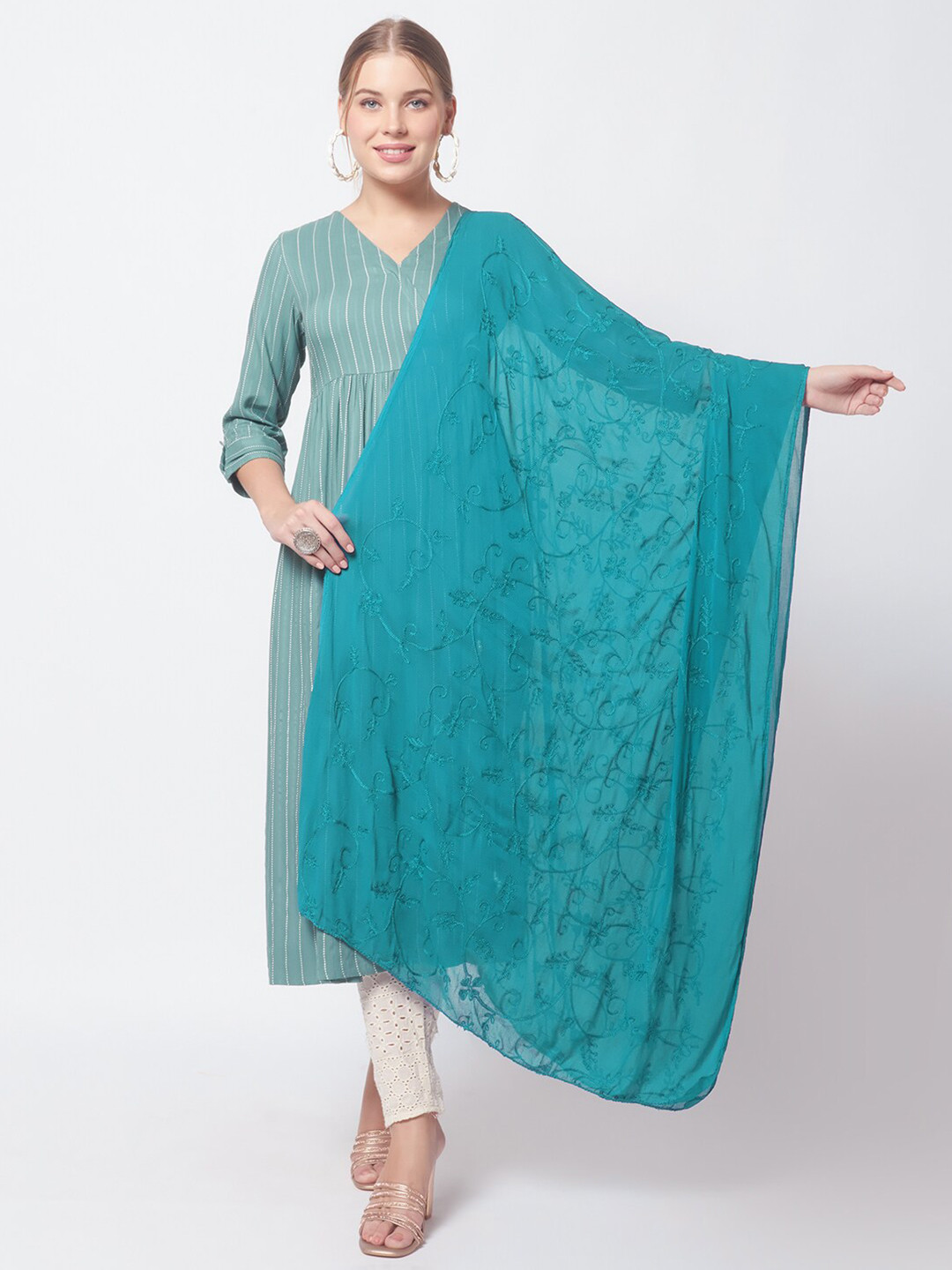Dupatta Bazaar Teal Green Embroidered Dupatta