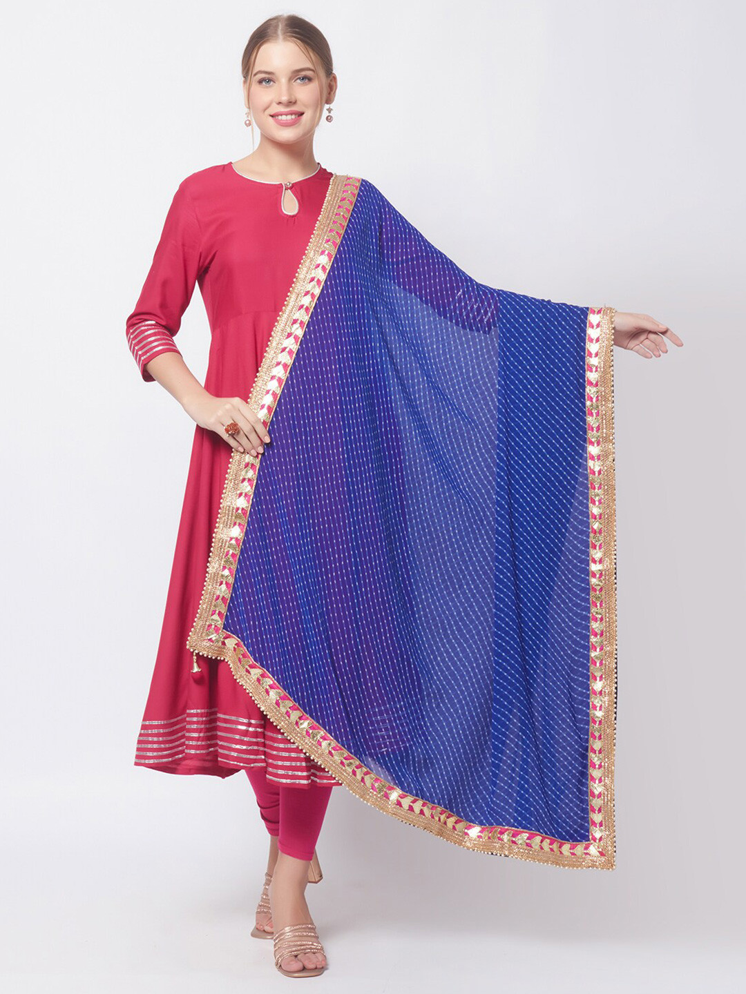 Dupatta Bazaar Blue & Pink Printed Bandhani Dupatta with Gotta Patti