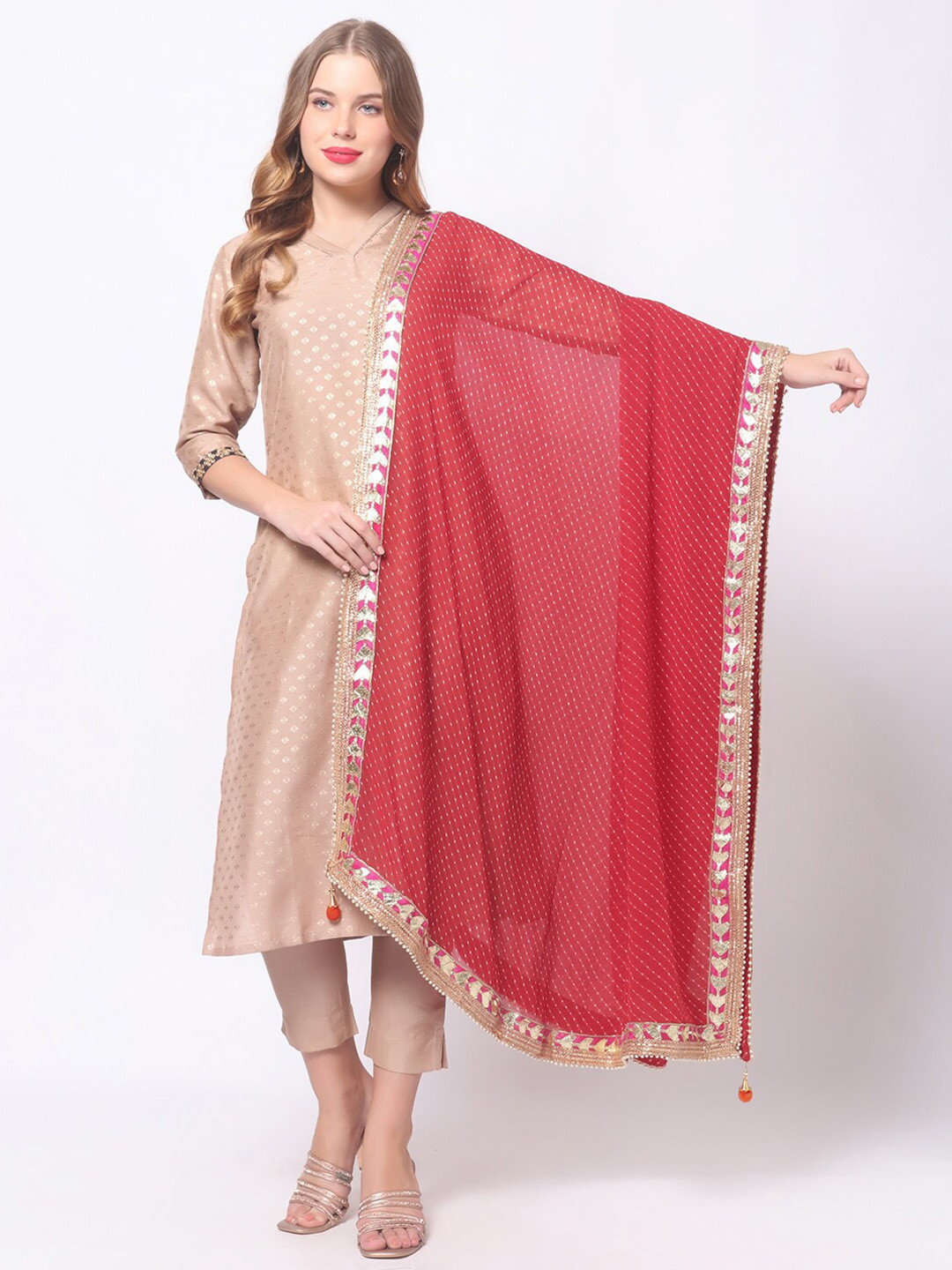 Dupatta Bazaar Maroon & Pink Printed Bandhani Dupatta with Gotta Patti
