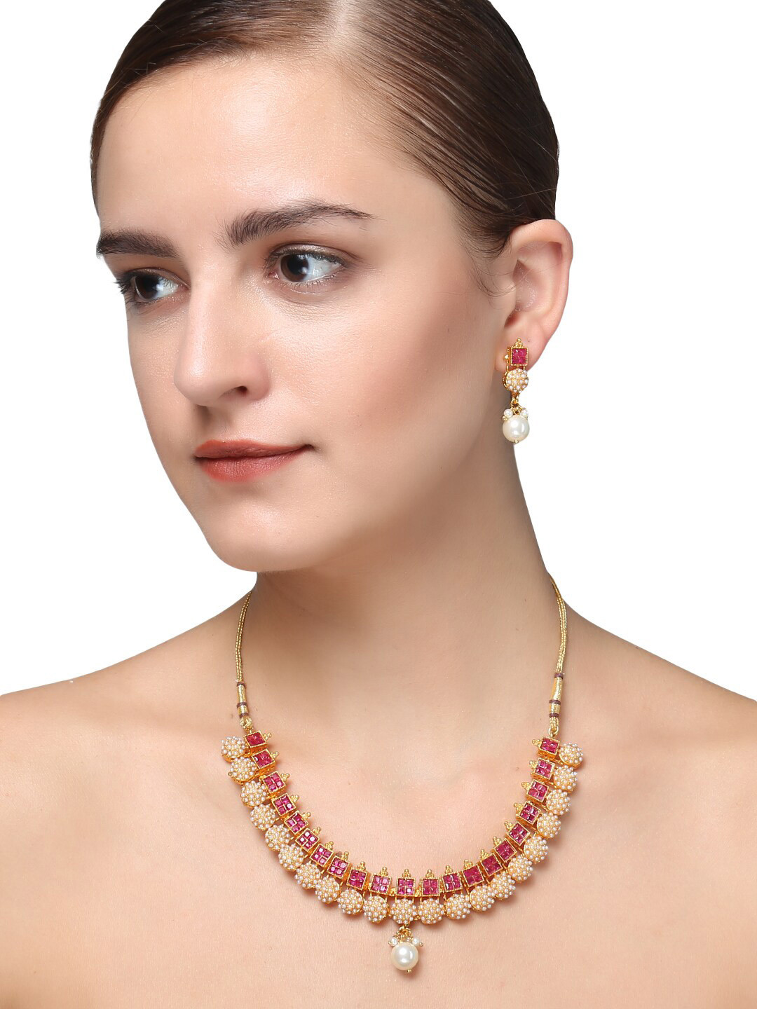 Adwitiya Collection 24CT Gold-Plated Red Stone-Studded Antique Pearl Jewellery Set