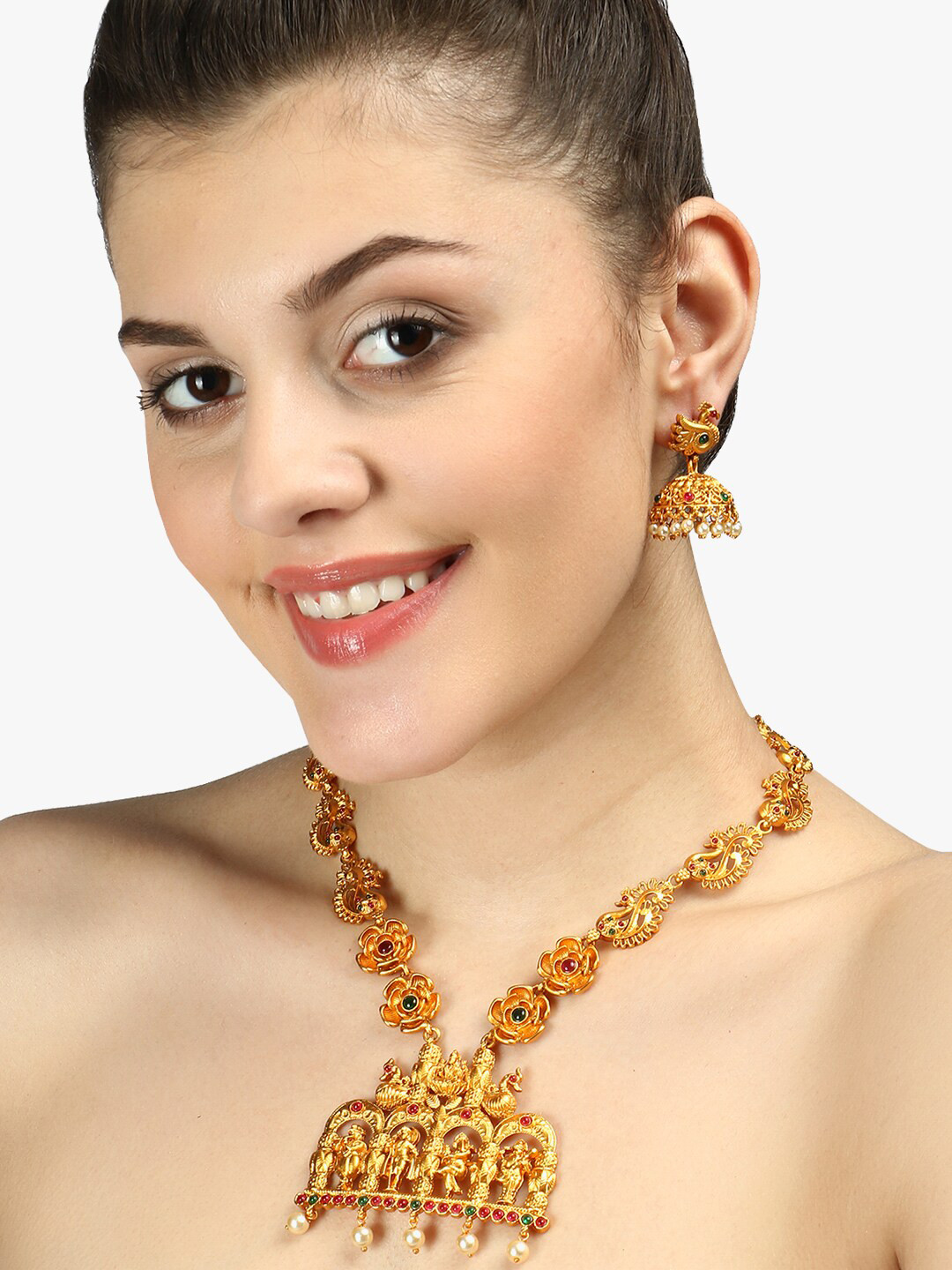 Adwitiya Collection 24CT Gold-Plated Red & Green Stone-Studded & Beaded Antique Jewellery Set