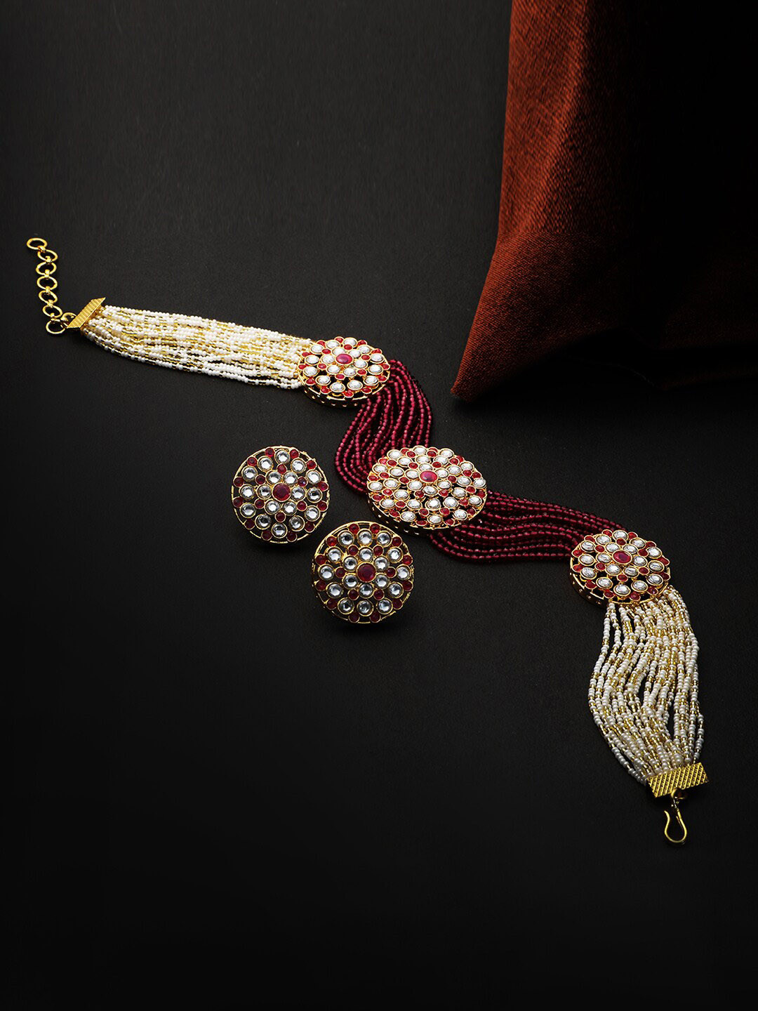 Adwitiya Collection 24CT Gold-Plated Maroon & White Layered Antique Jewellery Set