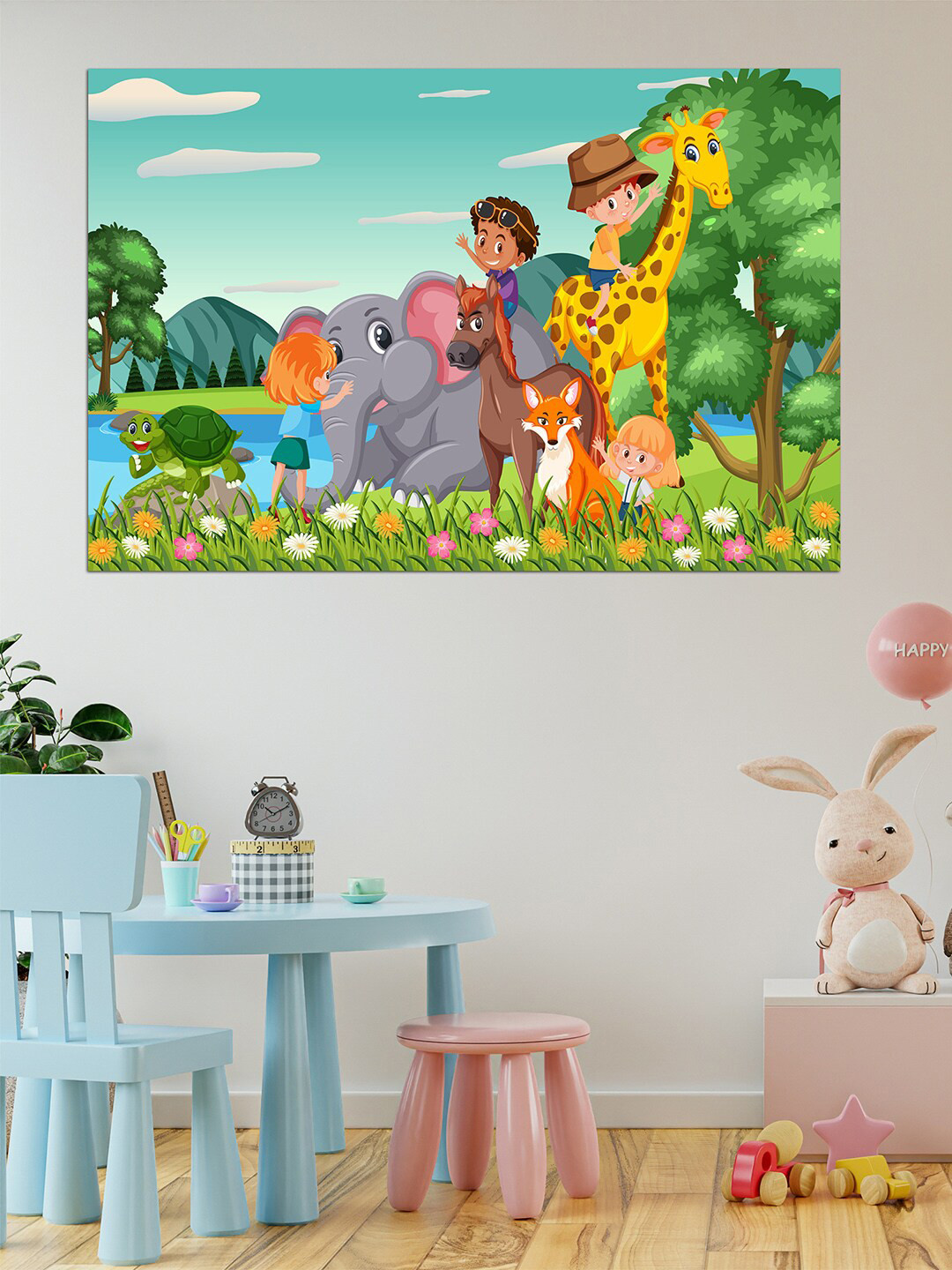 WENS Green & Blue Zoo Animals Self Adhesive Wall Poster