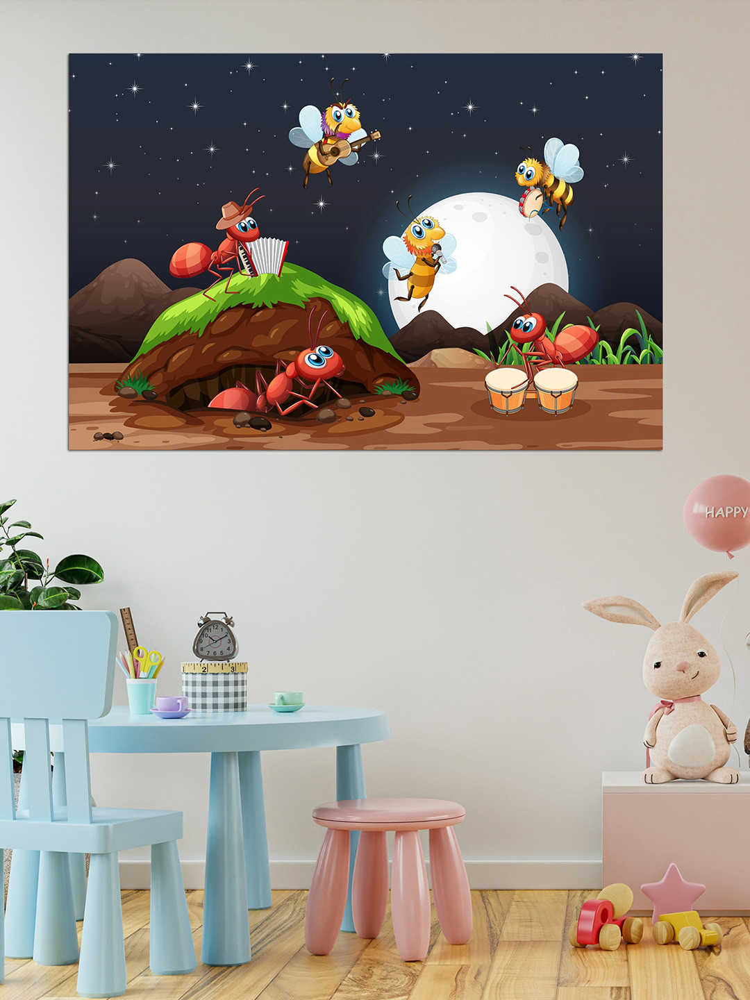 WENS Brown & White Musician Ants And Bees Printed Vinyl Wall Sticker