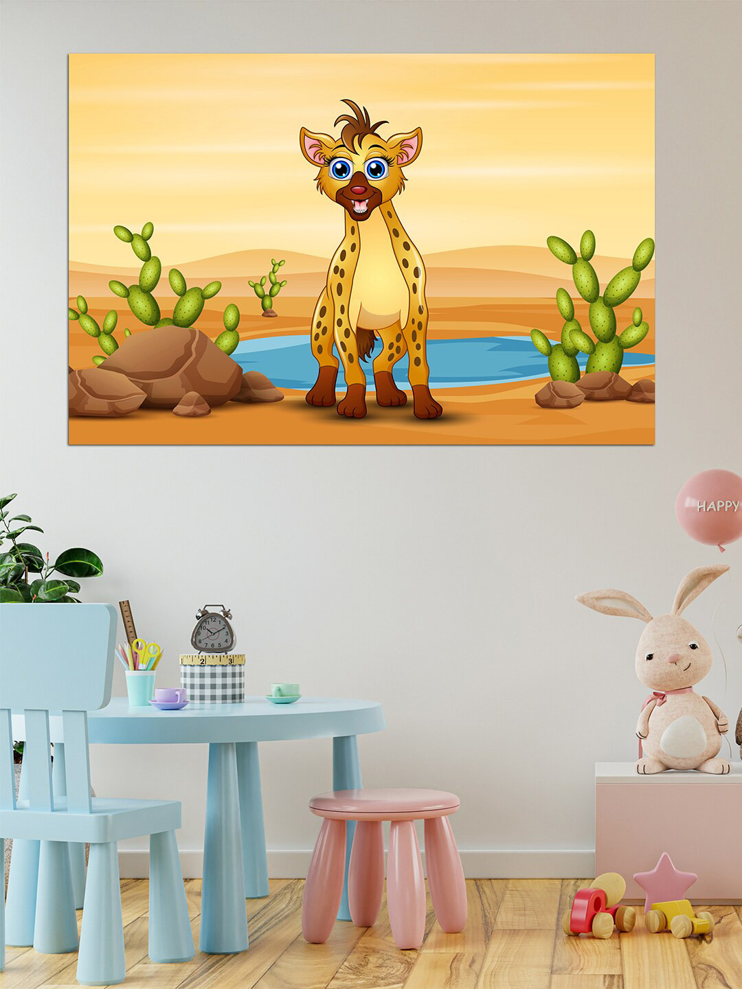 WENS Yellow & Brown Cute Hyena In Dessert Self Adhesive Wall Poster