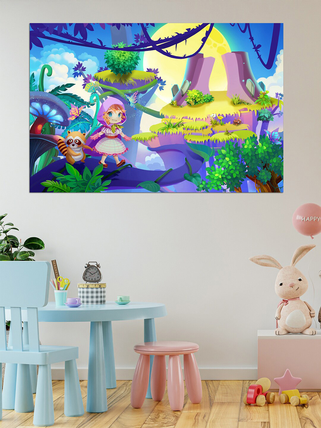 WENS Blue & Green Printed The Prince And Her Raccoon Friend Self Adhesive Wall Poster