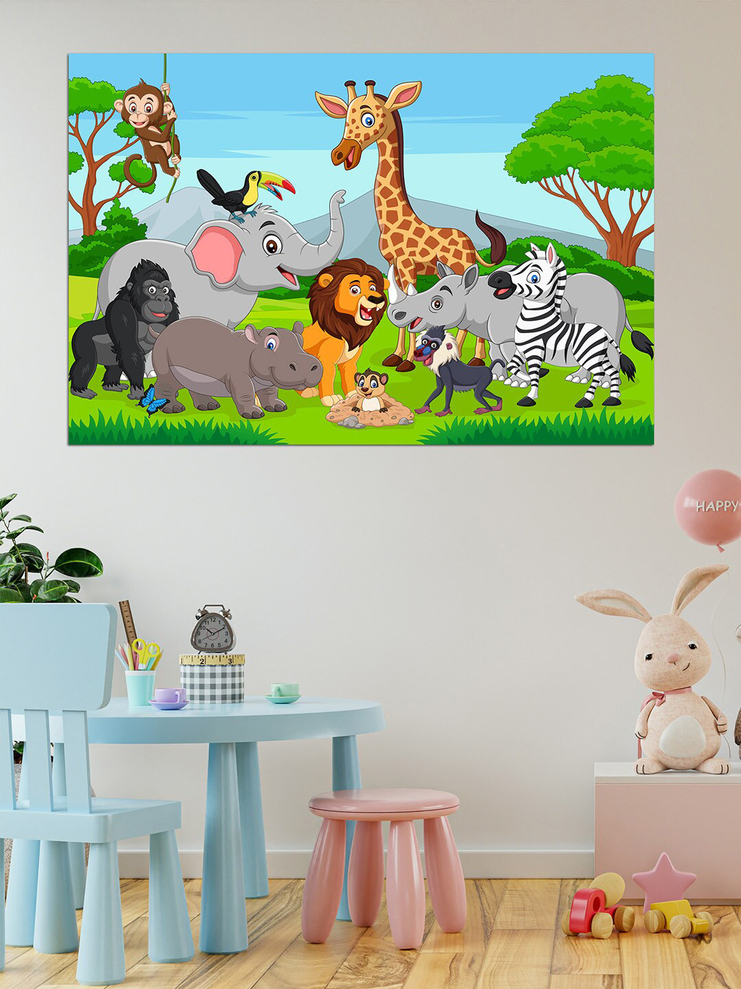 WENS Green & Blue Zoo Animals Self Adhesive Wall Poster