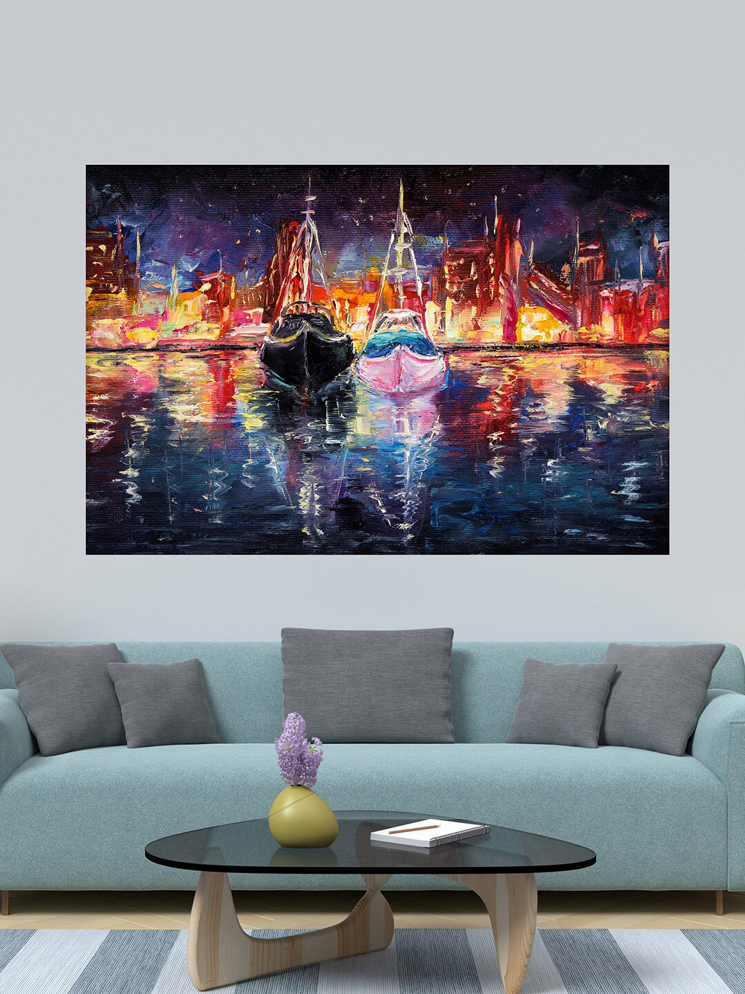 WENS Multicoloured Abstarct Art Of Boat Cliffs & Sea Wall Sticker