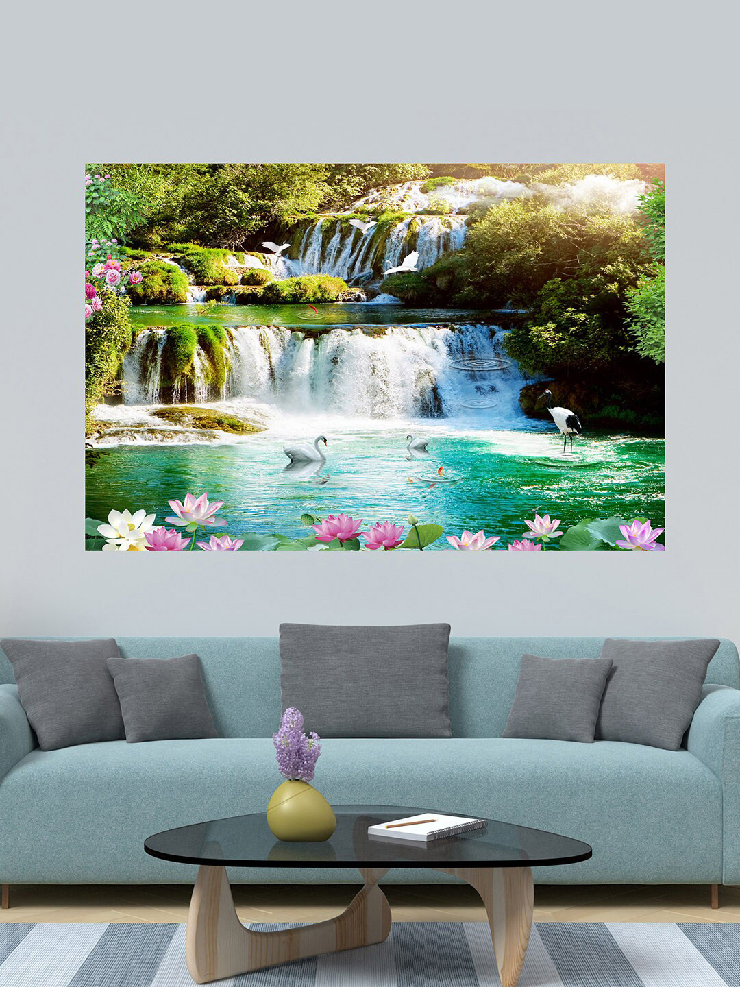 WENS Green & Blue Printed Waterfall Good Fortune Self Adhesive Wall Poster for Home Decor