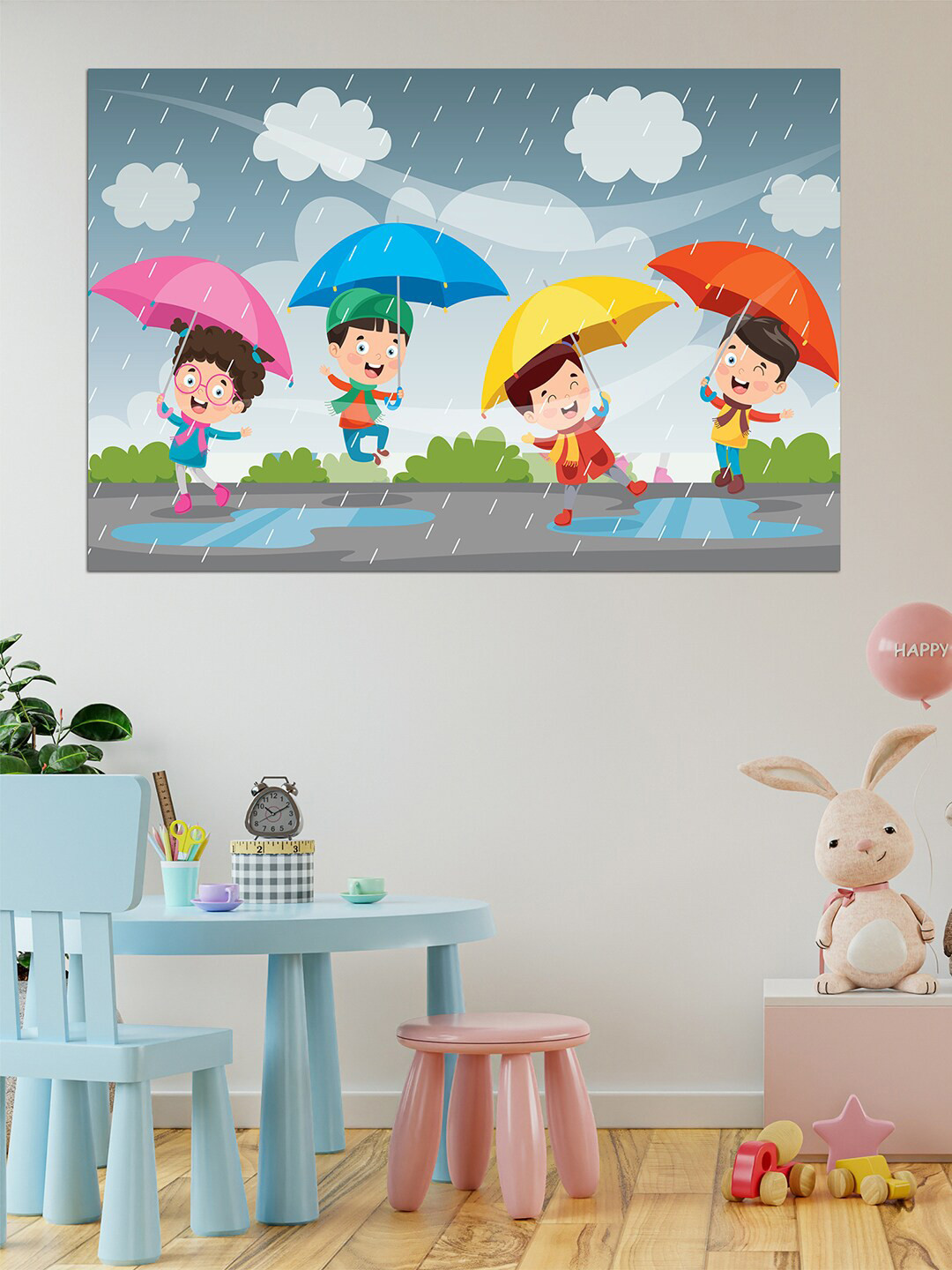 WENS Grey & Blue Children Masti In Rain Printed Vinyl Wall Sticker