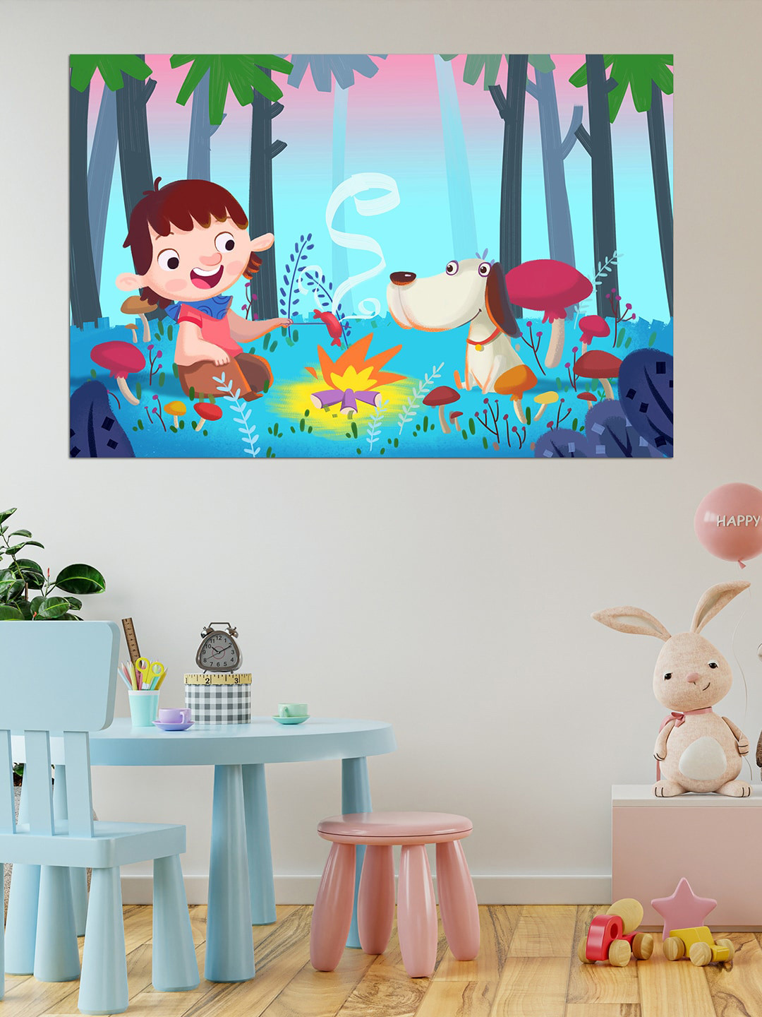 WENS Blue & Pink Forest Barbecue with Best Friends Printed Vinyl Wall Sticker