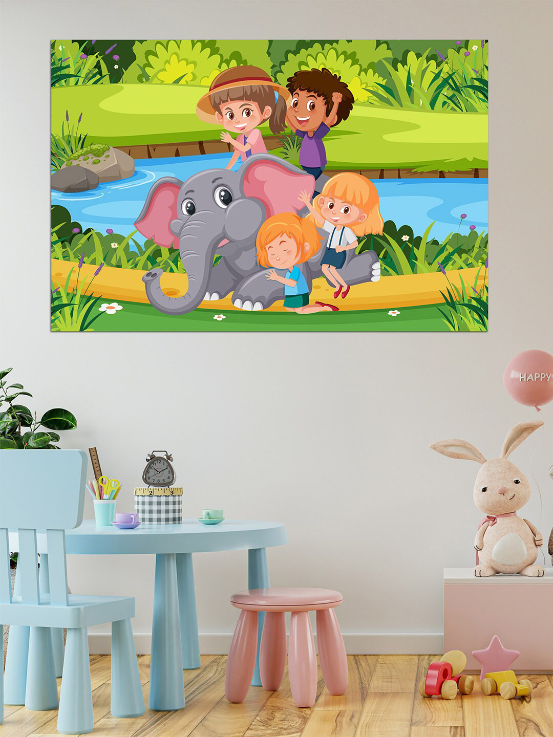 WENS Green & Grey Hathi Raja Ki Sawari Printed Vinyl Wall Sticker