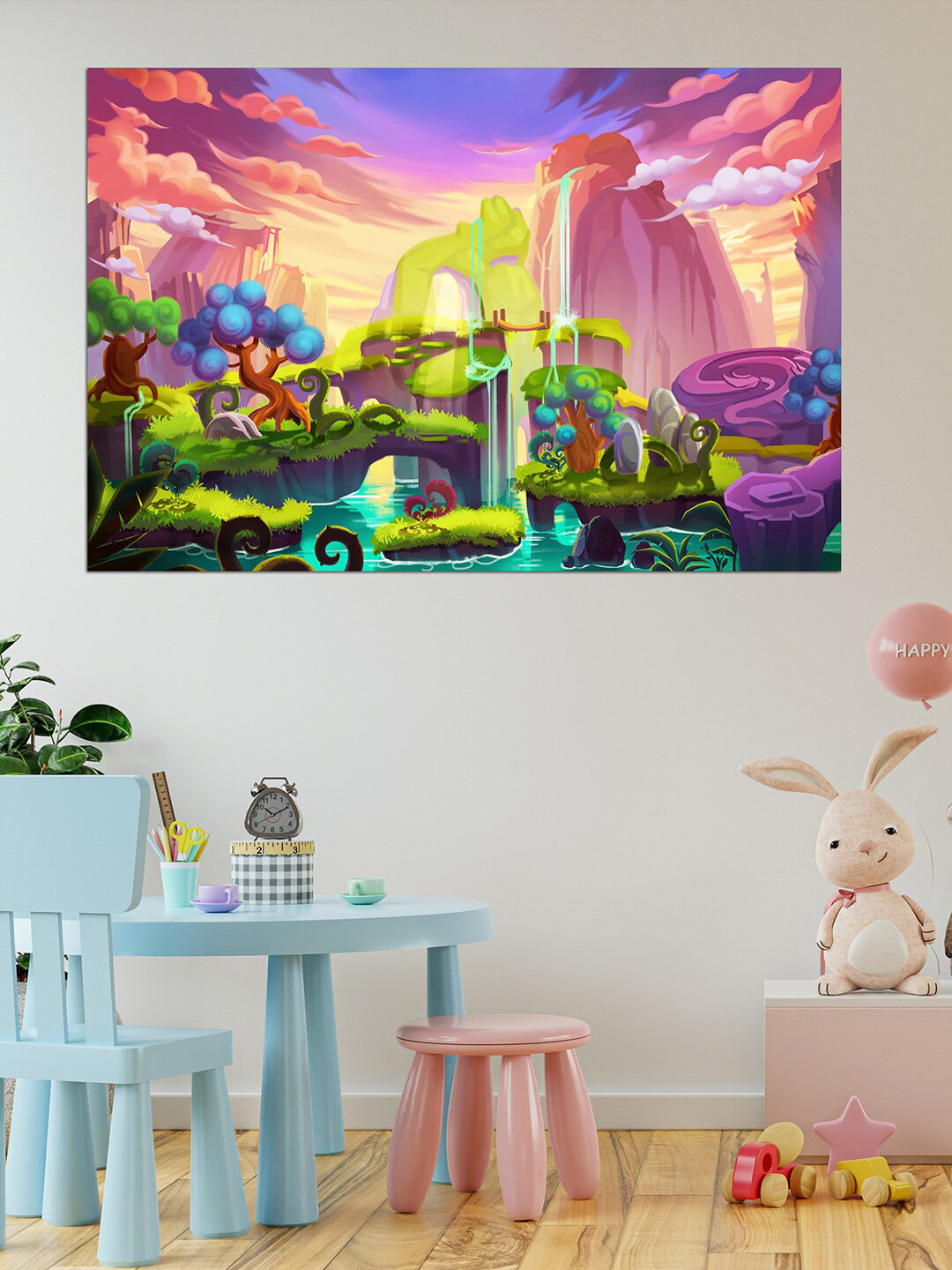 WENS Purple & Pink Printed Mystery Island Self Adhesive Wall Poster for Home Decor