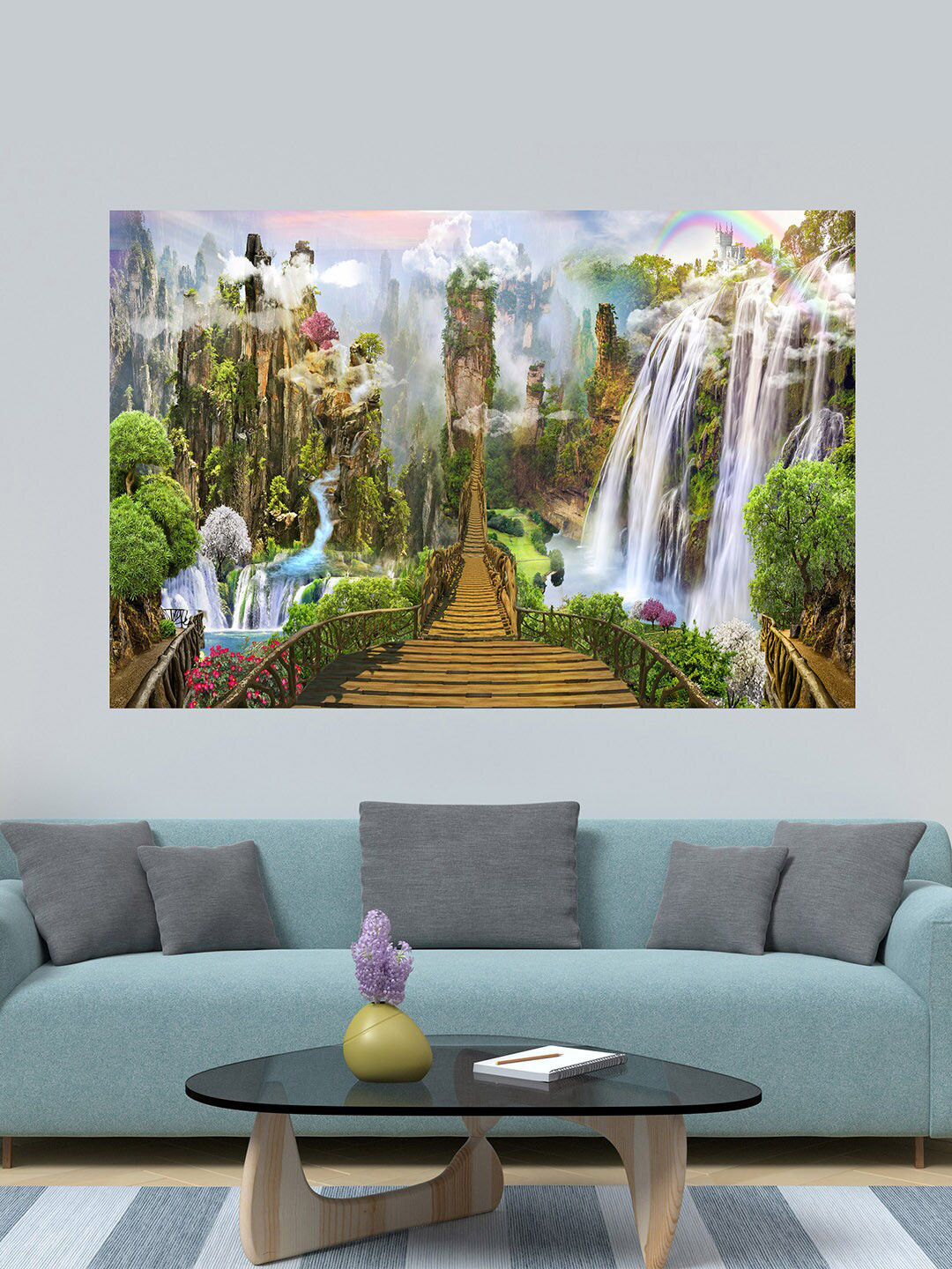 WENS Green & Blue Fantasy Waterfall Self Adhesive Wall Poster