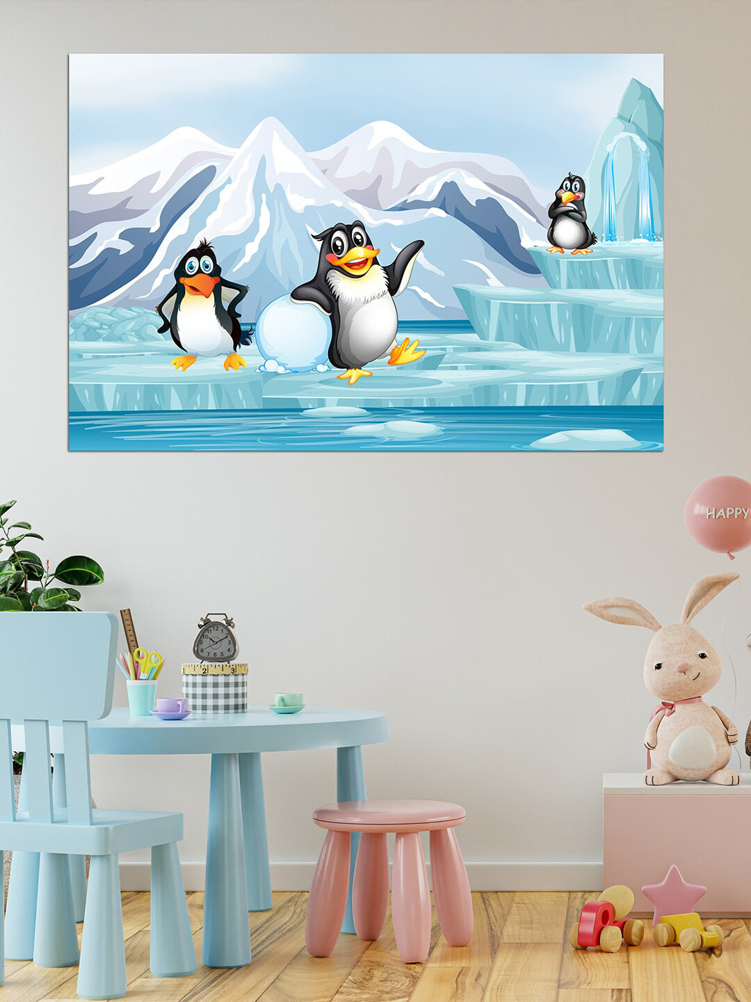 WENS Blue & White Penguins in Ice Land Self Adhesive Wall Poster