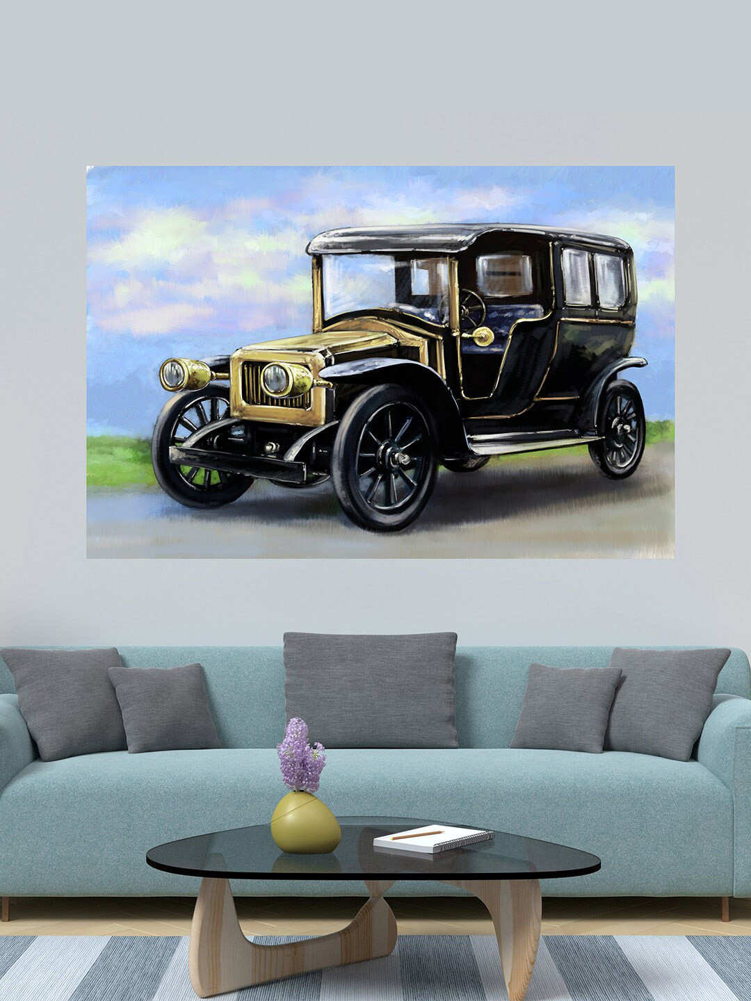 WENS Blue & Black Antique Vintage Retro Car Self Adhesive Wall Poster