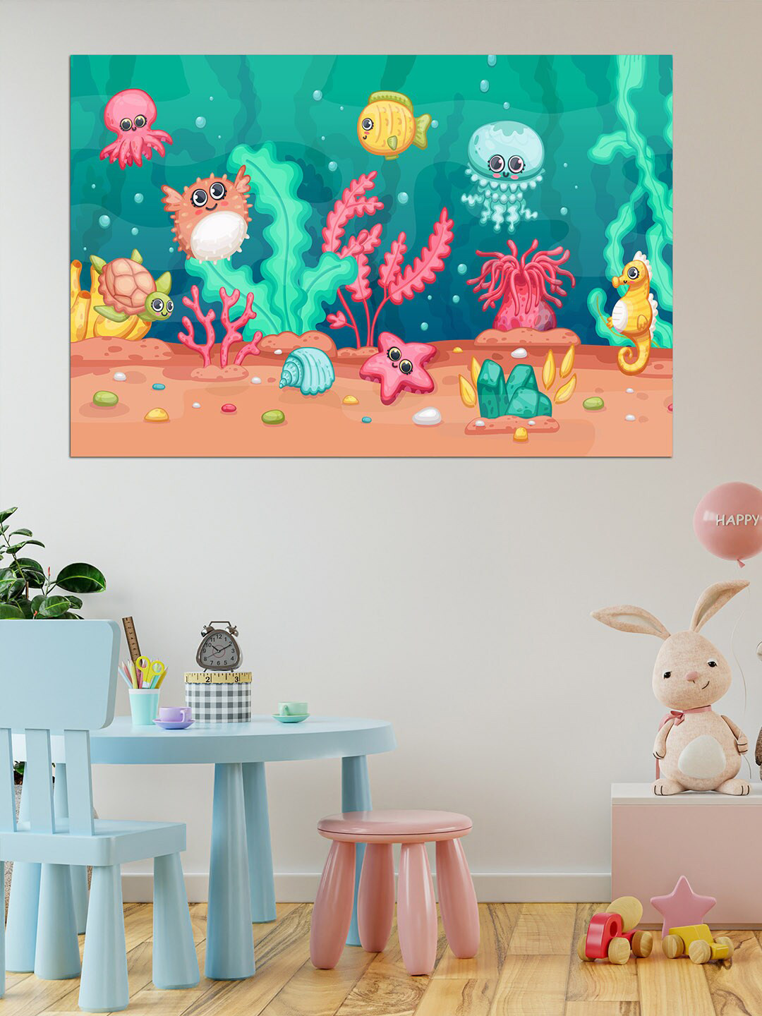 WENS Turquoise Blue & Pink Undersea Water Life Self Adhesive Wall Poster