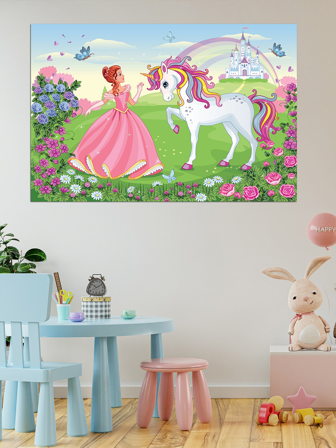 WENS Green & Pink Princess with Unicorn Printed Vinyl Wall Sticker