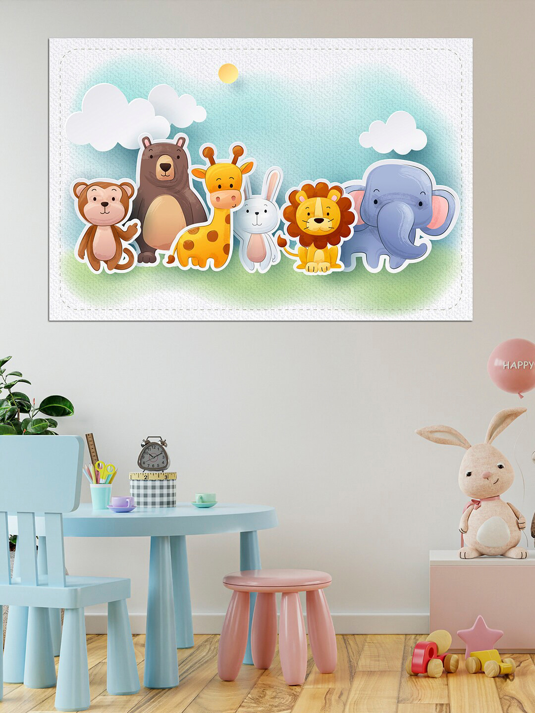 WENS Green & Brown Printed Animals Parade in Jungle Self Adhesive Wall Poster for Home Decor