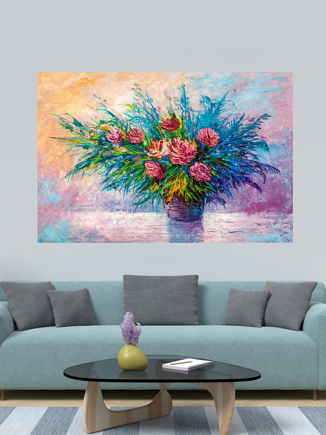 WENS Blue & Pink Colorful Floral Art Printed Vinyl Wall Sticker