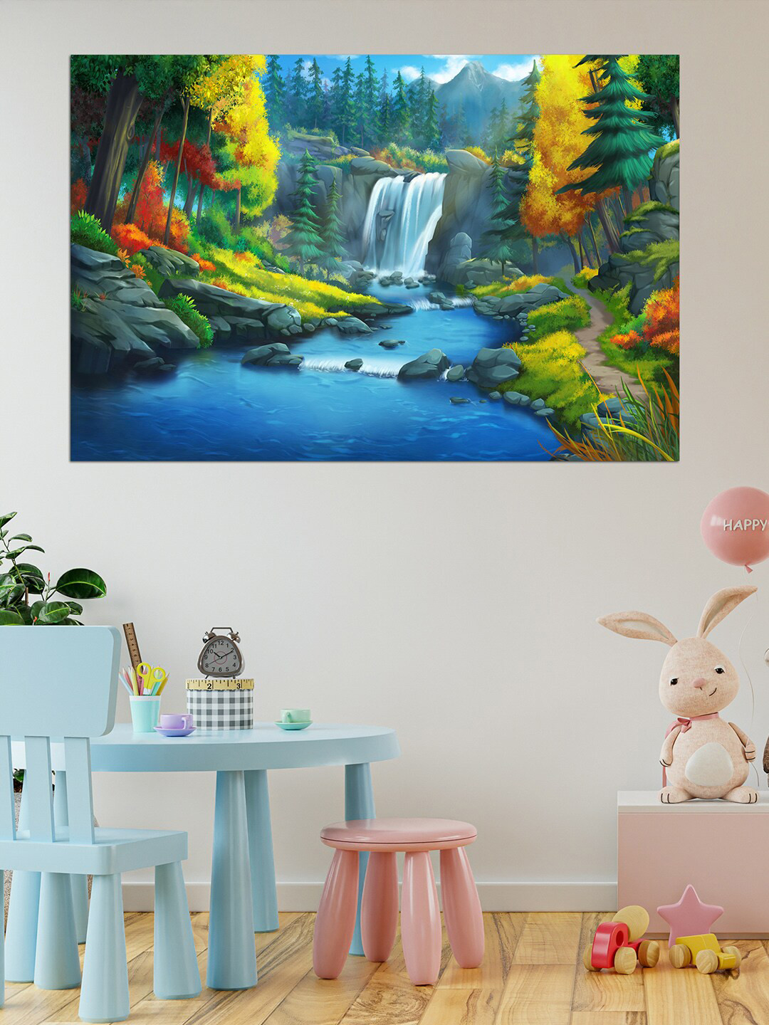 WENS Blue & Yellow Waterfall Art Self Adhesive Wall Poster