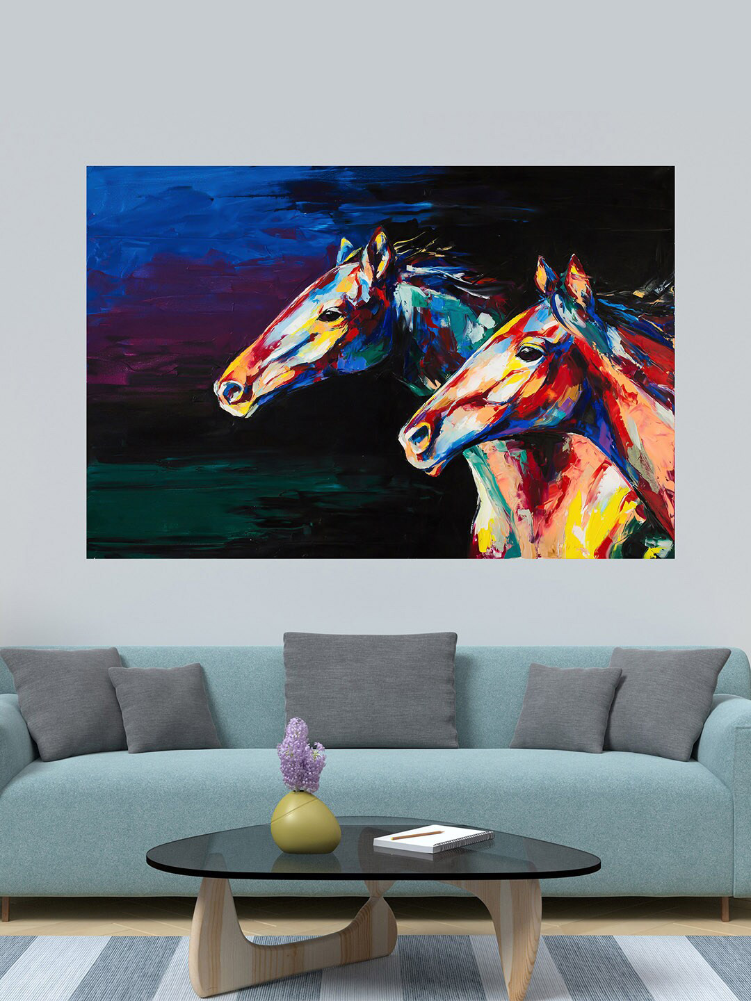 WENS Blue & Black Printed Abstact Art Of Horses Self Adhesive Wall Poster for Home Decor