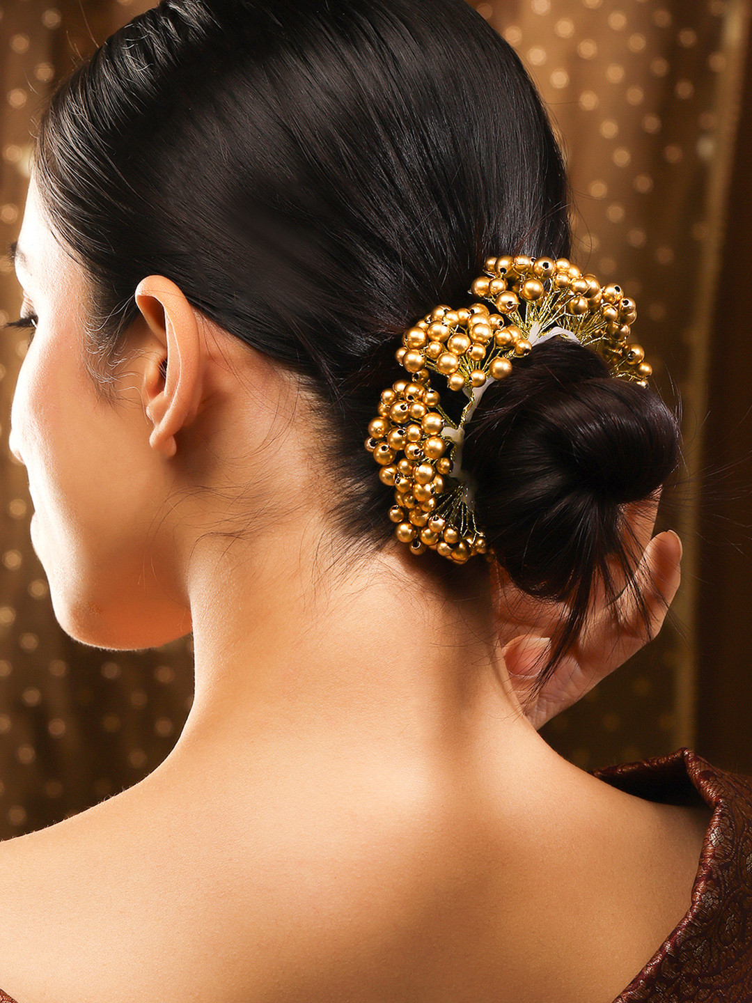 Rubans Gold-Toned Handcrafted with Golden Faux Pearl Beads Hair Bun Accessory