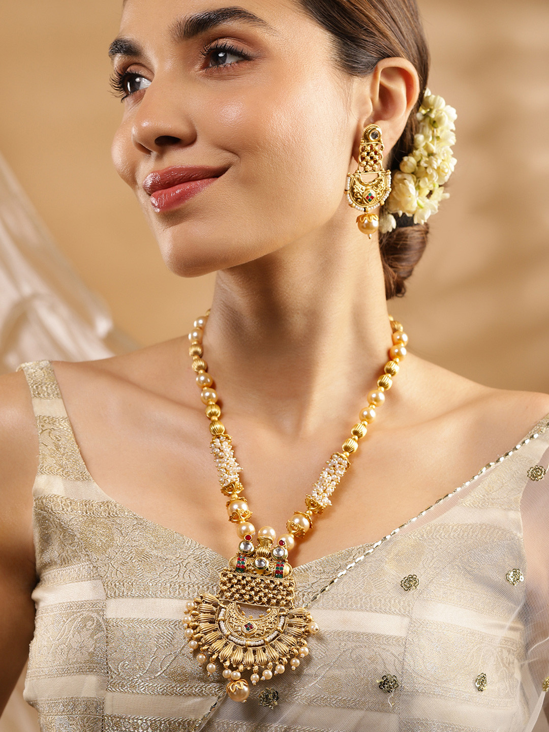 Rubans 22K Gold-Plated White, Red & Green Stone & Pearl Beaded Handcrafted Jewellery Set