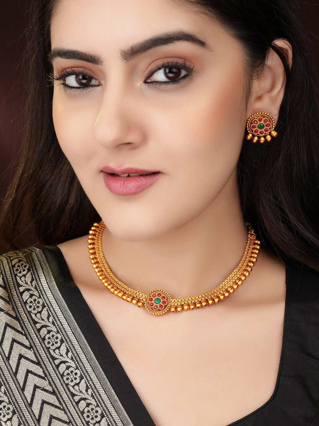 24K Gold-Plated Ruby & Emerald Studded & Gold Beaded Handcrafted Jewellery Set