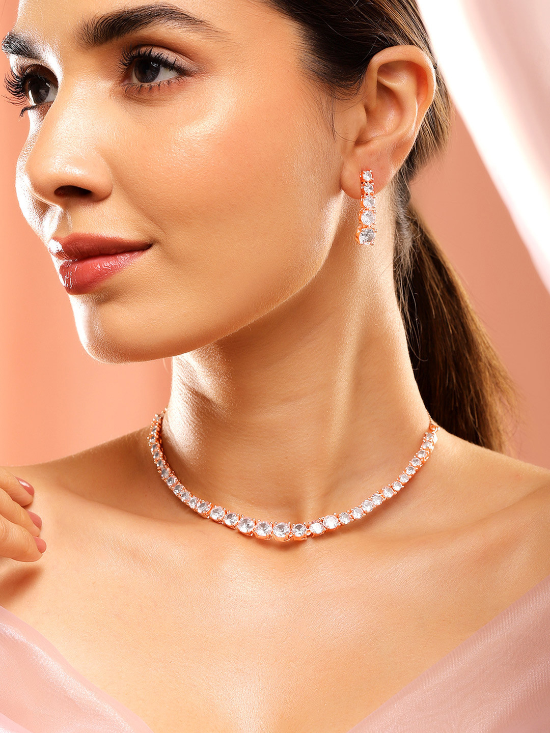 Rubans 18K Rose Gold Plated Handcrafted White Cubic Zirconia Stone Classic Jewellery Set