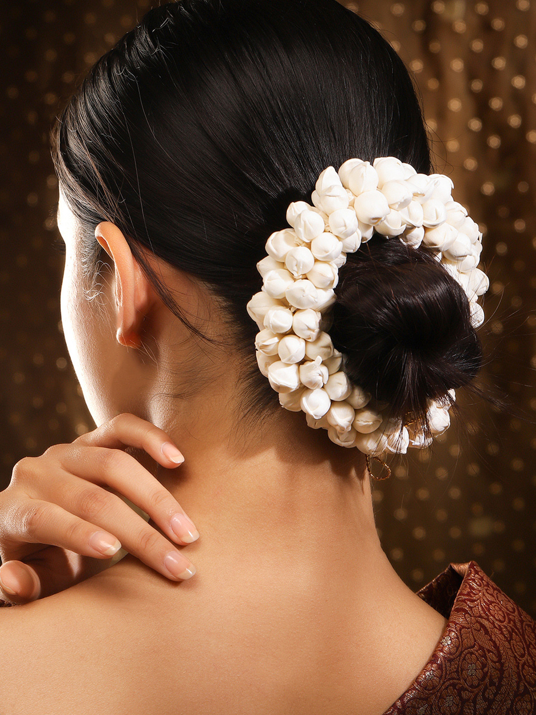 Rubans Handcrafted White Faux Flower Hair Bun Accessory with Golden Thread Detailing