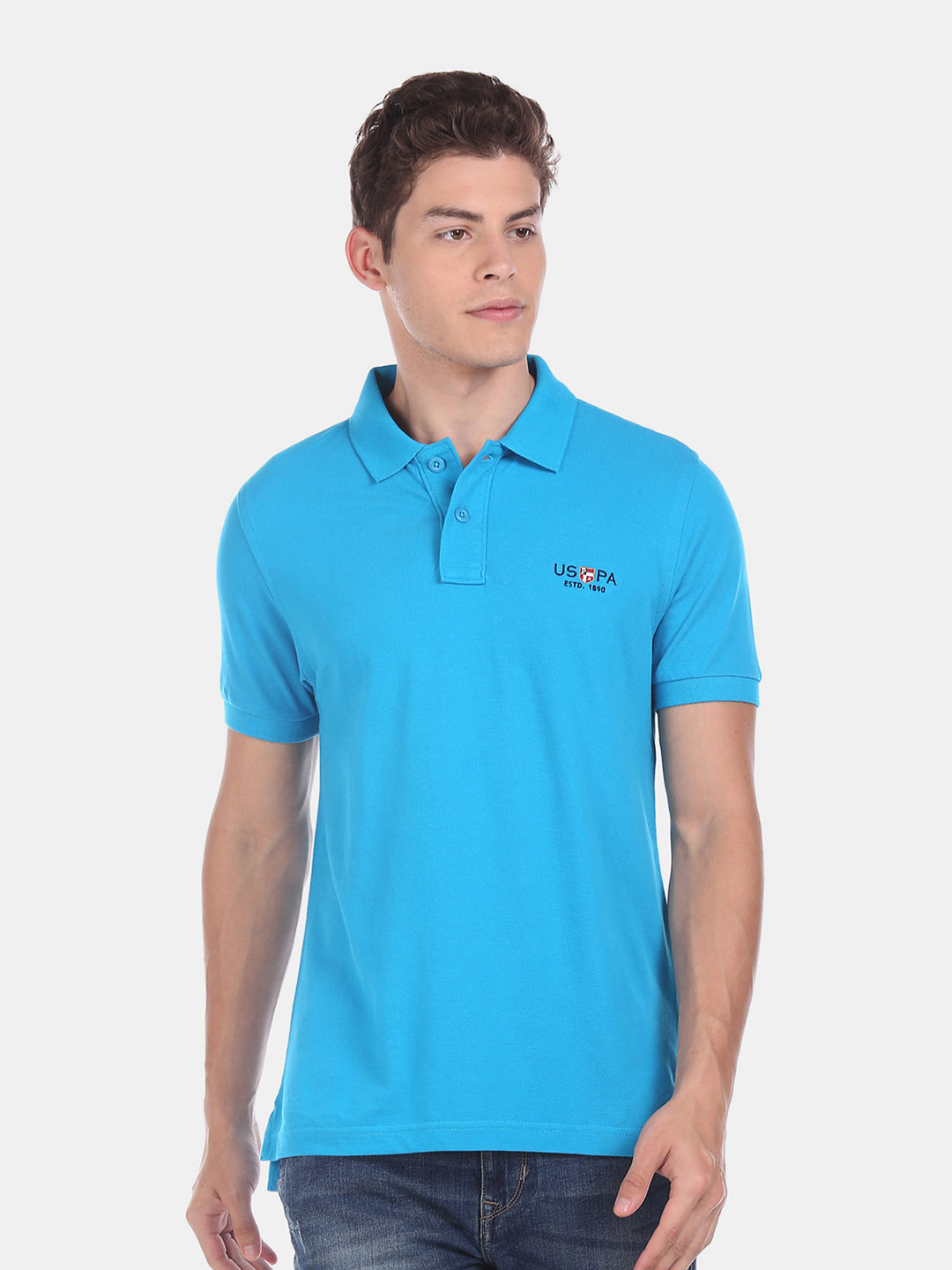 U.S. Polo Assn. Men Blue Solid Pure Cotton Polo Collar T-shirt