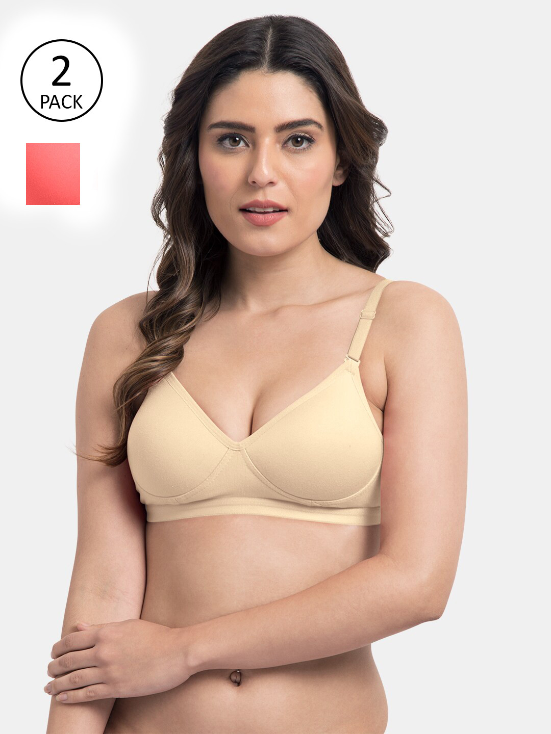 Tweens Pack Of 2 Beige & Coral Pink T-shirt Cotton Bras Lightly Padded TW-91313-SK-2PC-CRL
