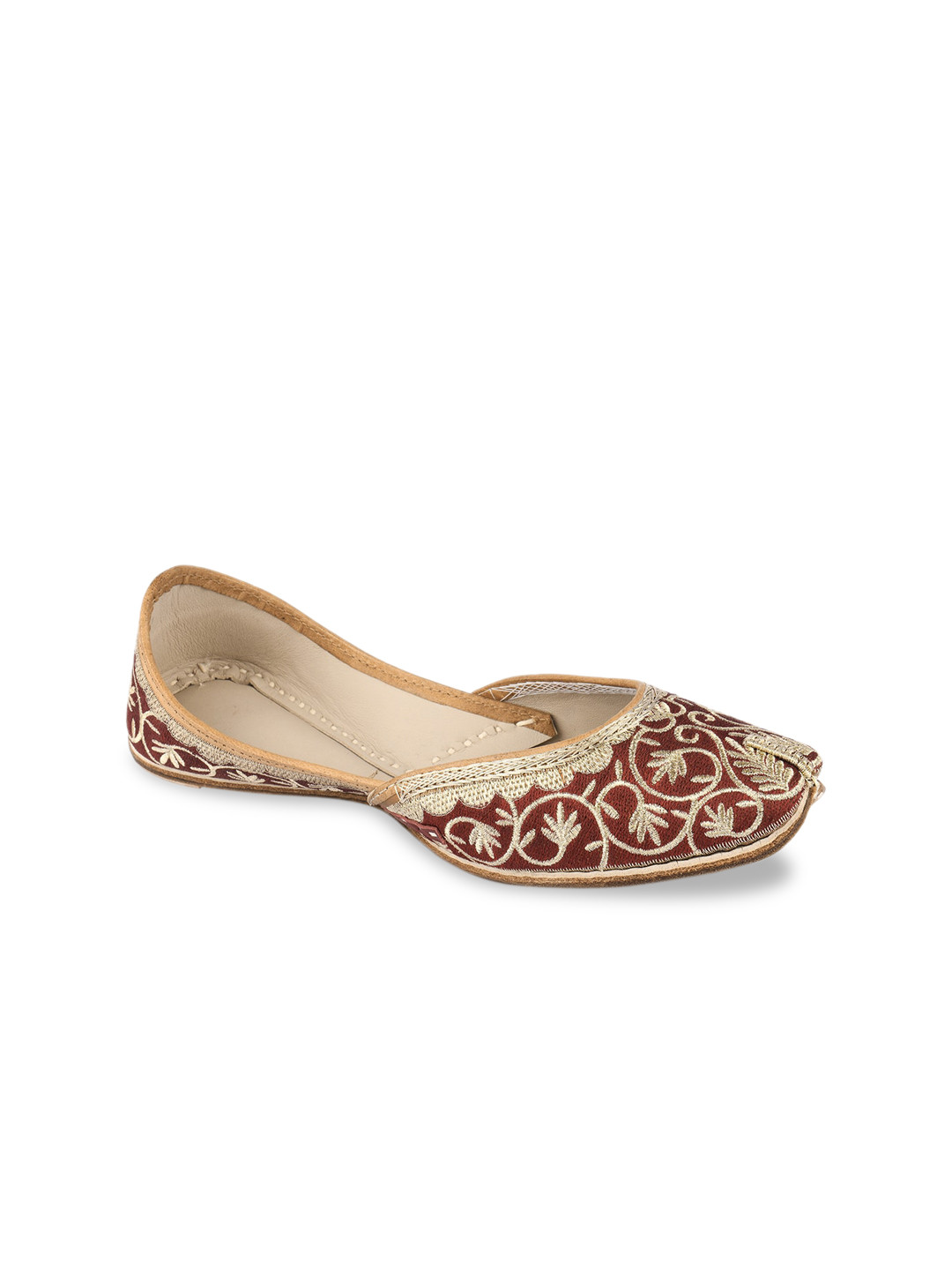 DESI COLOUR Women Maroon & Gold-Toned Hand Embroidered Mojaris