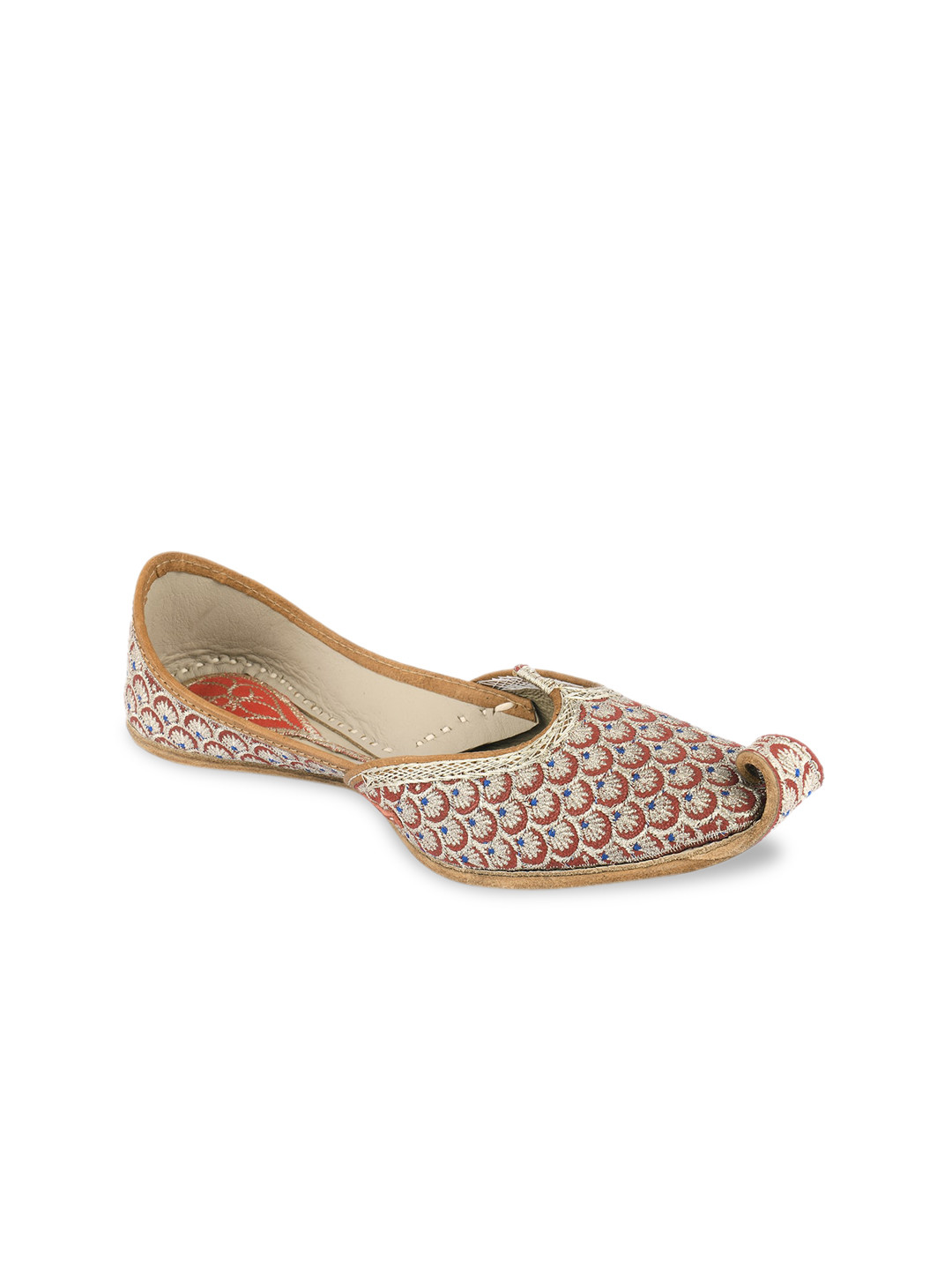 DESI COLOUR Women Maroon & Muted Gold-Toned Embroidered Leather Mojaris