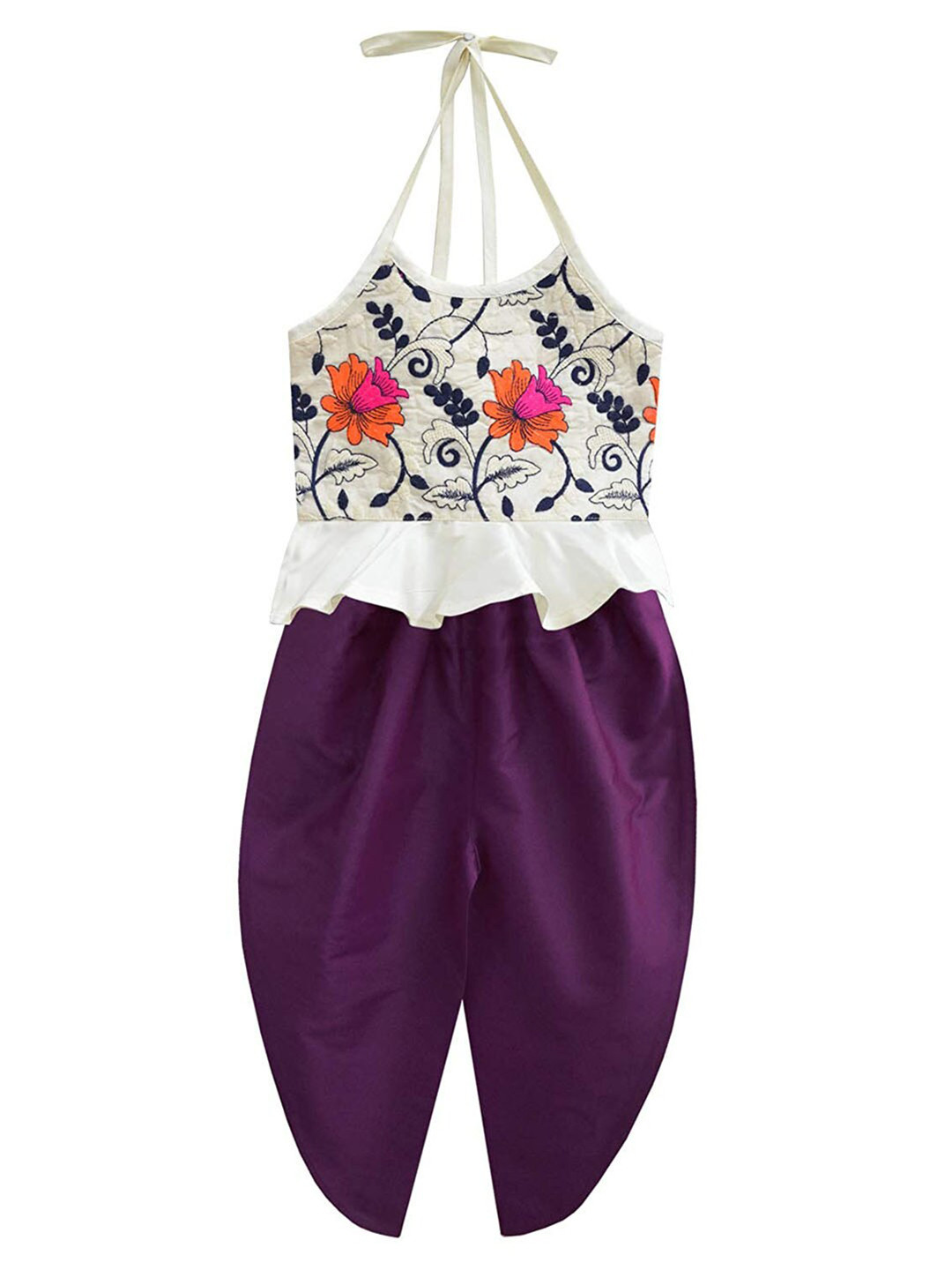 A T U N Girls Purple & White Printed Halter Neck Peplum Top with Pyjamas