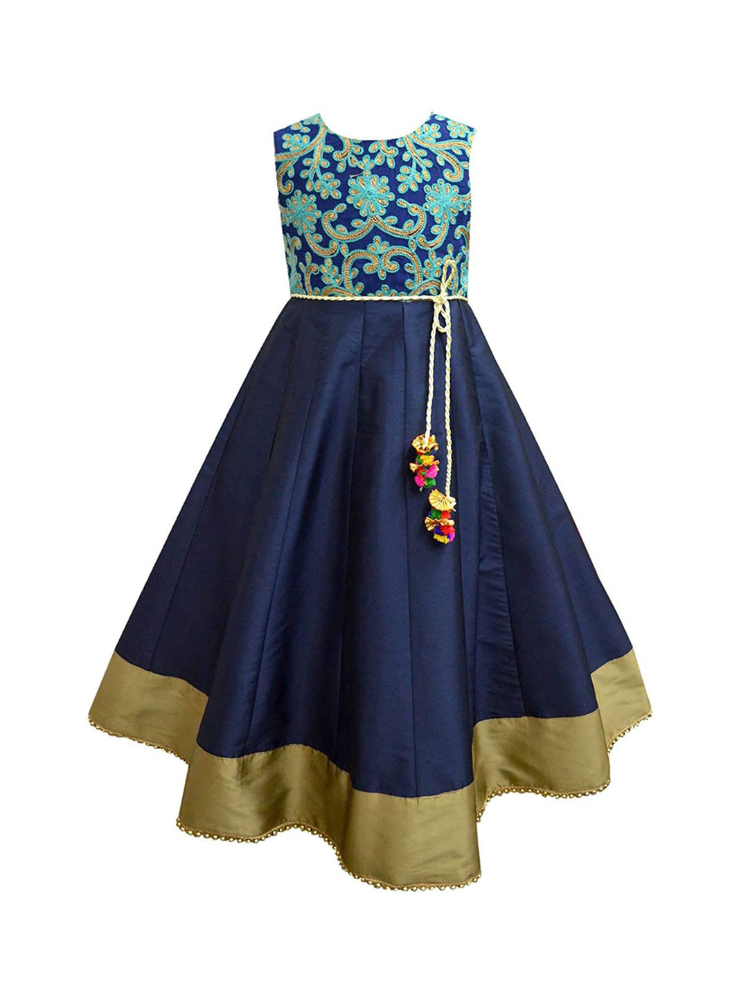 A T U N Girls Navy Blue Floral Ethnic Maxi Dress