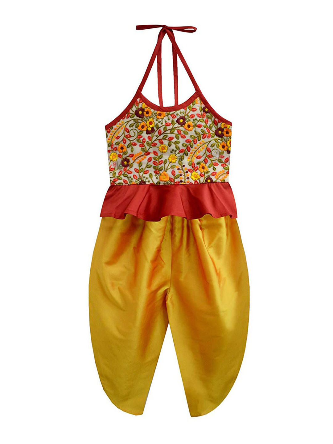 A T U N Girls Yellow & Red Top with Dhoti Pants