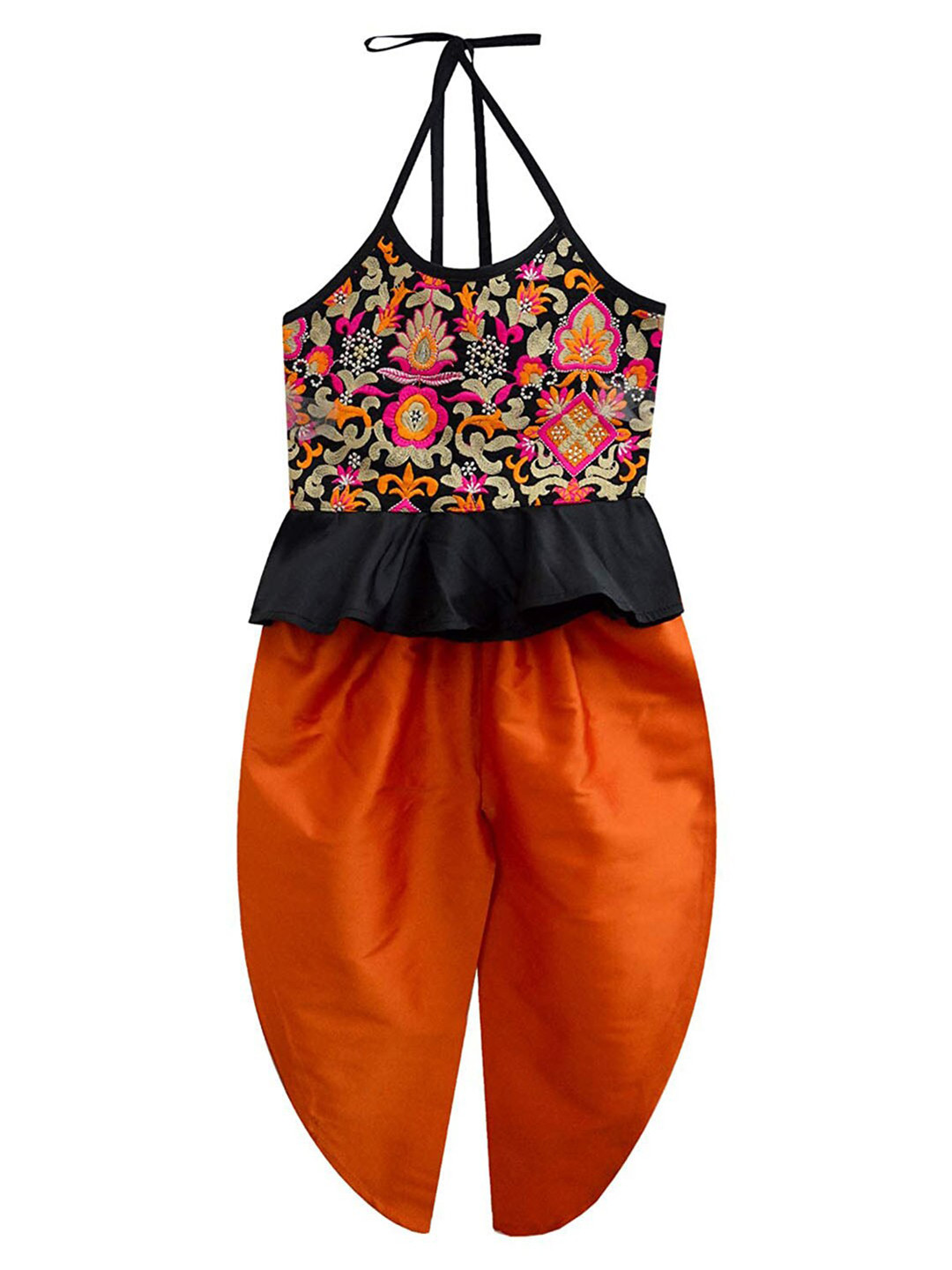 A T U N Girls Black & Orange Top with Dhoti Pants