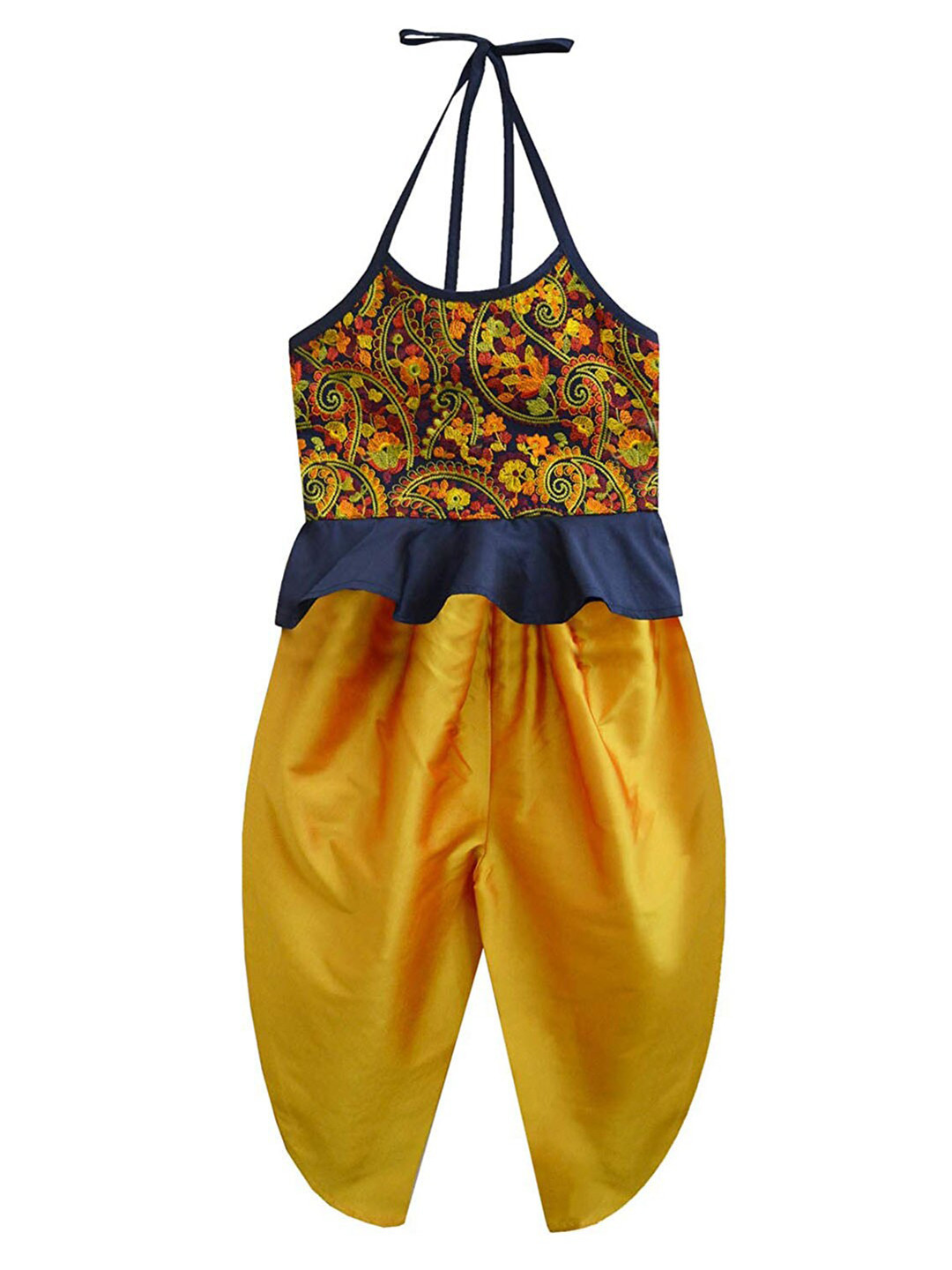 A T U N Girls Yellow & Navy Blue Printed Top with Dhoti Pants