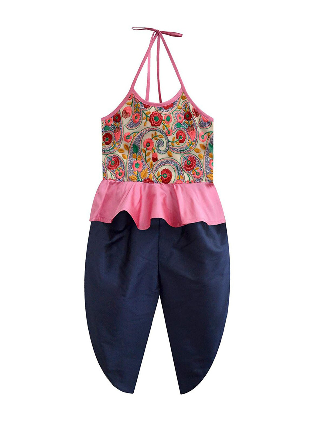 A.T.U.N. Girls Navy Blue & Pink Halter Top With Dhoti