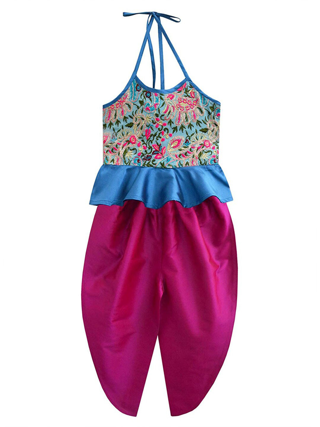 A T U N Girls Pink & Blue Self Design Top with Dhoti Pants
