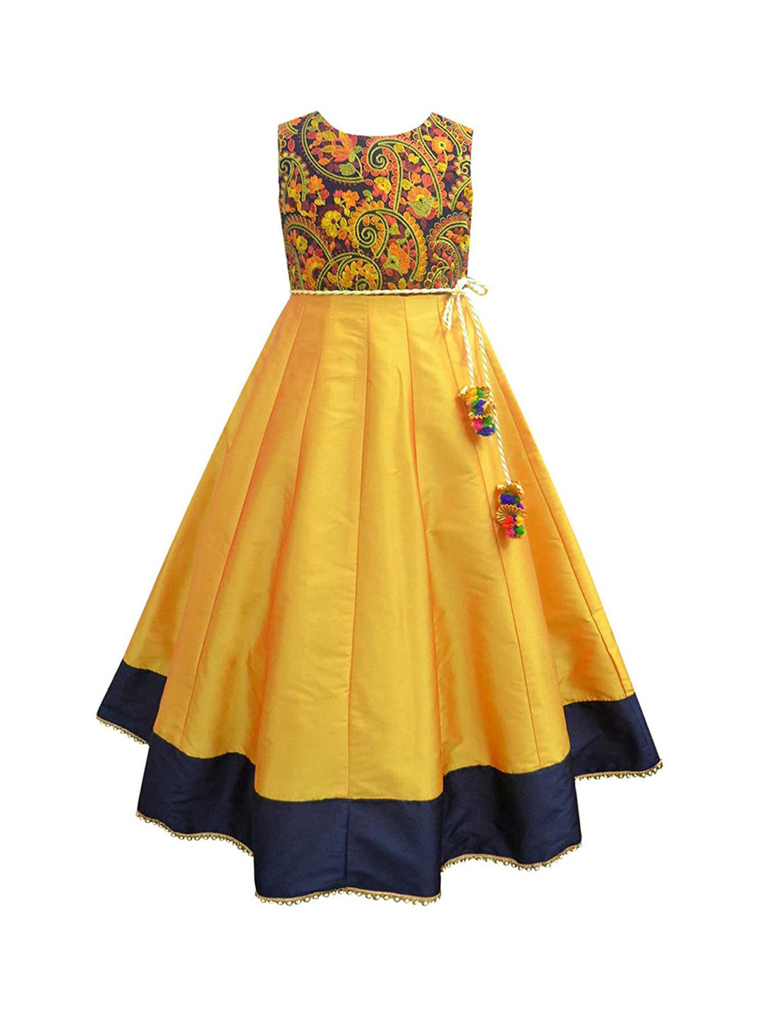 A T U N Girls Mustard Yellow Floral Ethnic Maxi Dress