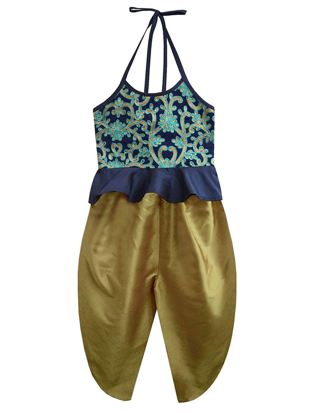 A T U N Girls Gold-Toned & Navy Blue Embellished Top with Dhoti Pants